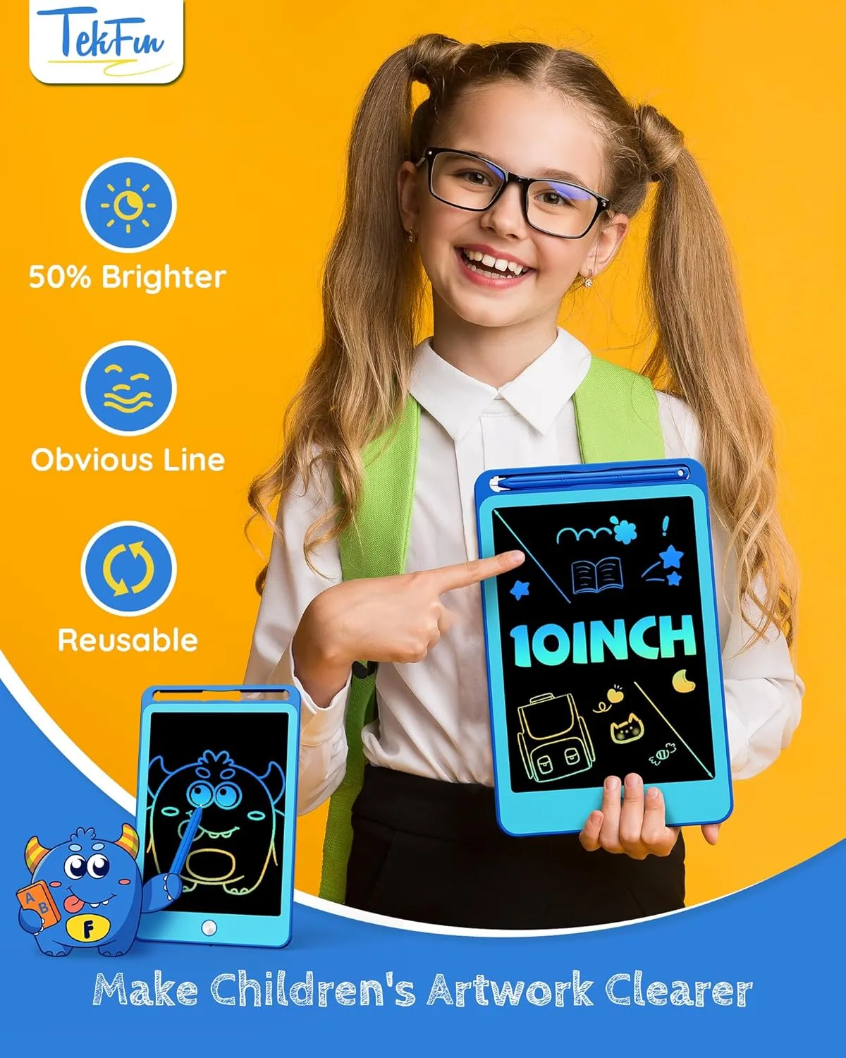TEKFUN 2 Pack LCD Writing Tablet for Kids, 10 Inch Blue Blue Doodle Board Drawing Board Reusable Drawing Tablet with Lanyard, Educational Kids Toddler Toys Birthday Gift for Boys Girls 3-12 Years Old