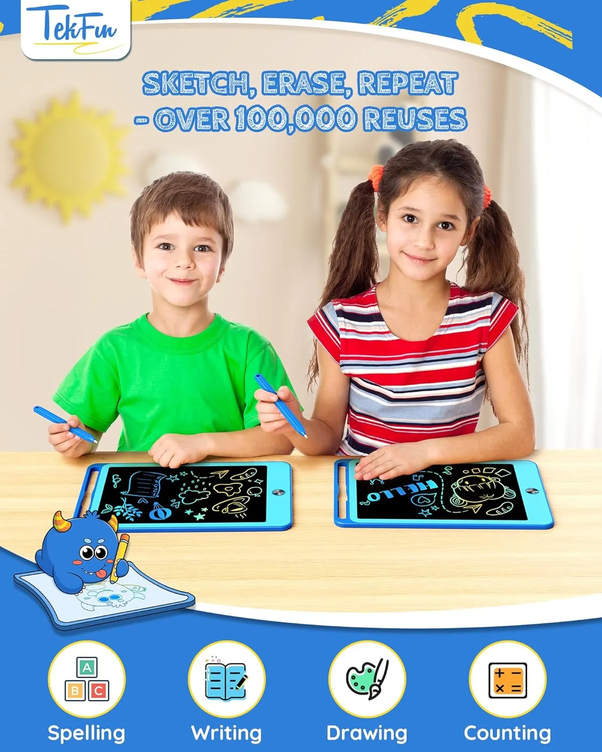TEKFUN 2 Pack LCD Writing Tablet for Kids, 10 Inch Blue Blue Doodle Board Drawing Board Reusable Drawing Tablet with Lanyard, Educational Kids Toddler Toys Birthday Gift for Boys Girls 3-12 Years Old