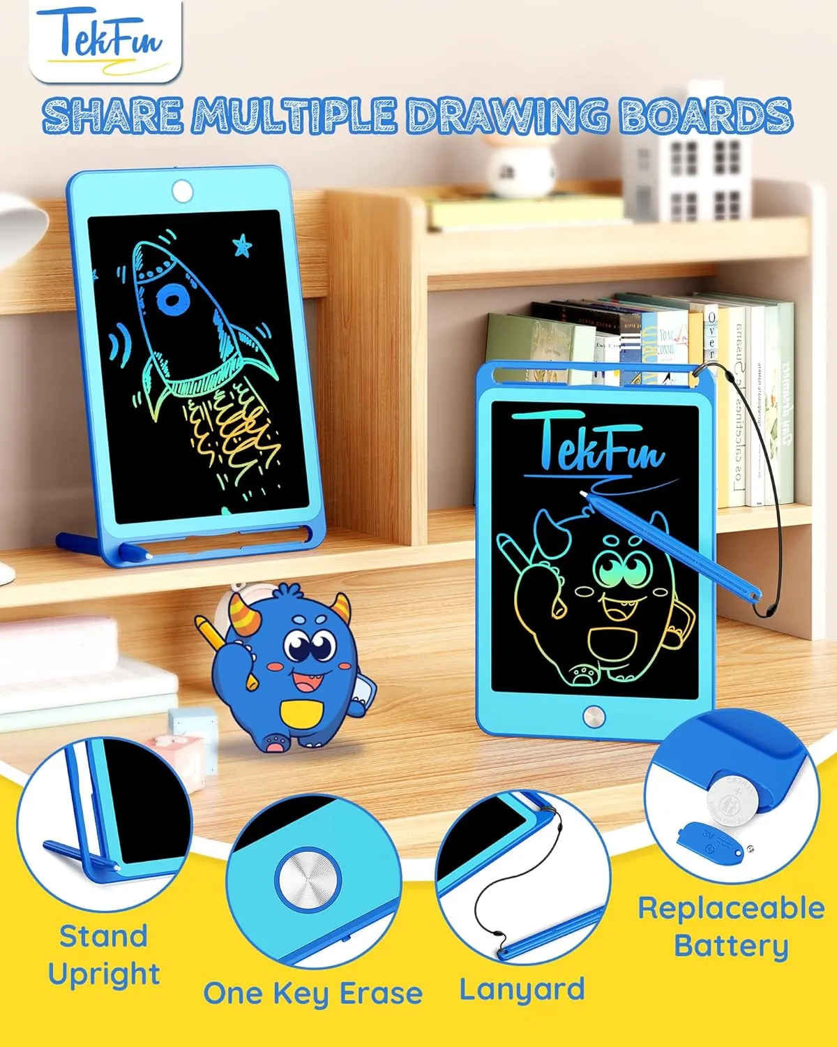 TEKFUN 2 Pack LCD Writing Tablet for Kids, 10 Inch Blue Blue Doodle Board Drawing Board Reusable Drawing Tablet with Lanyard, Educational Kids Toddler Toys Birthday Gift for Boys Girls 3-12 Years Old
