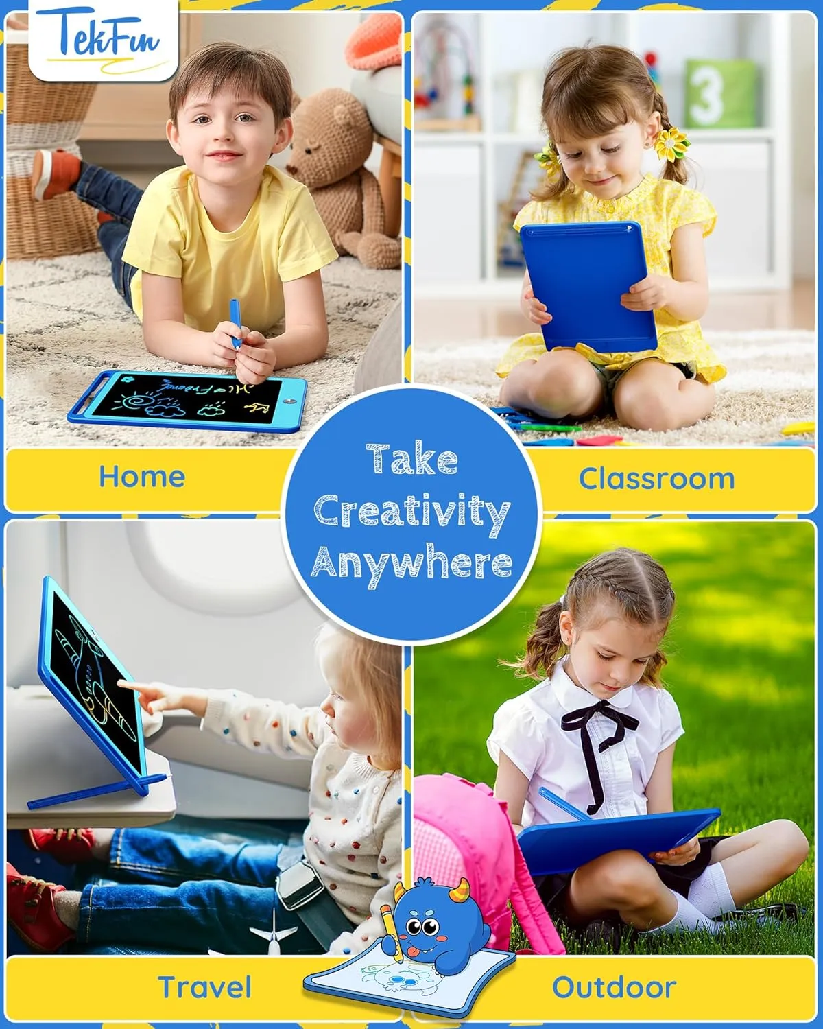 TEKFUN 2 Pack LCD Writing Tablet for Kids, 10 Inch Blue Blue Doodle Board Drawing Board Reusable Drawing Tablet with Lanyard, Educational Kids Toddler Toys Birthday Gift for Boys Girls 3-12 Years Old