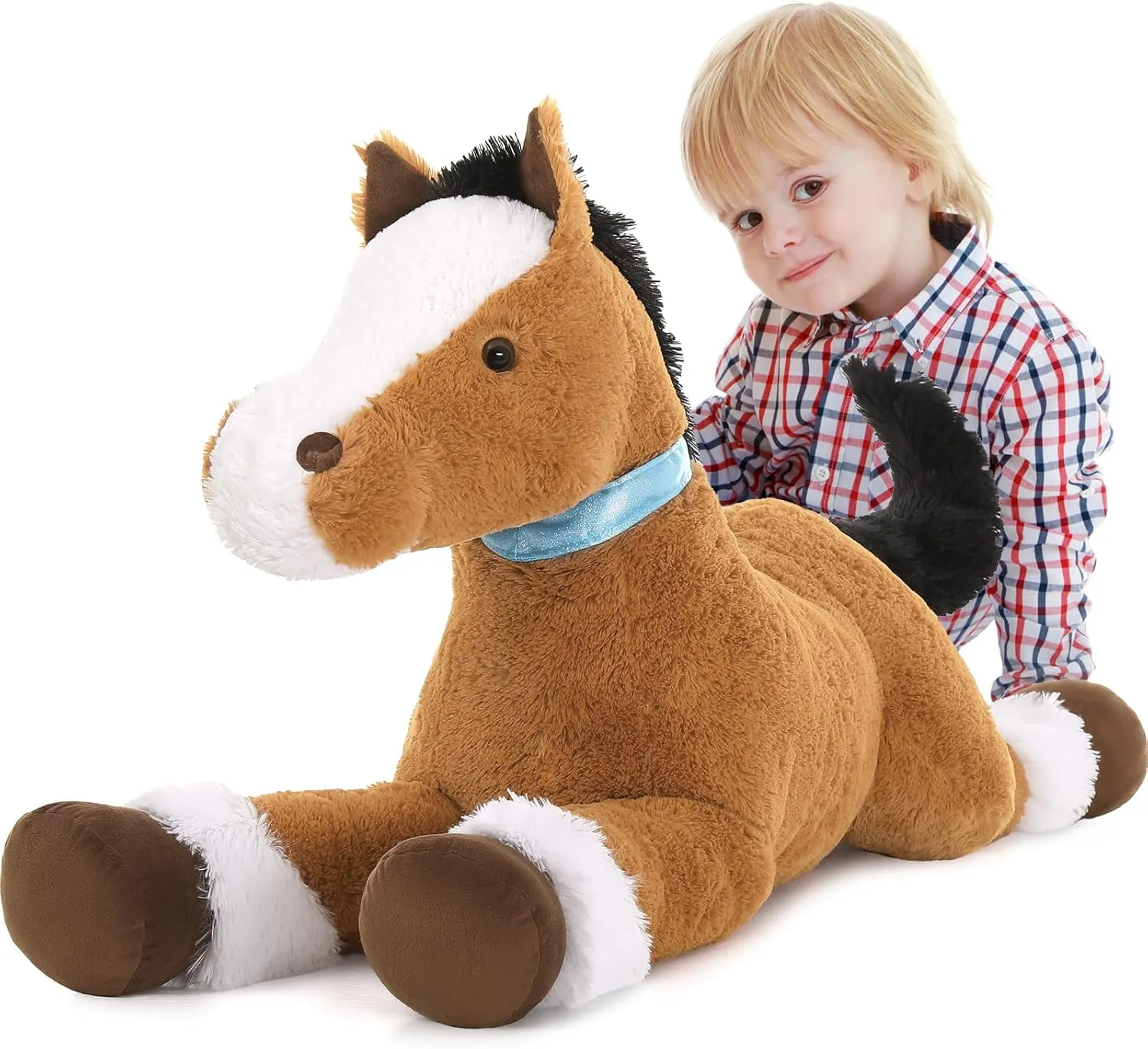 Tezituor 35 Inches Large Stuffed Horse Animal, Realistic Pony Plush Toys, Hugging Soft Brown Horse Pillow Gift for Kids Girlfriend