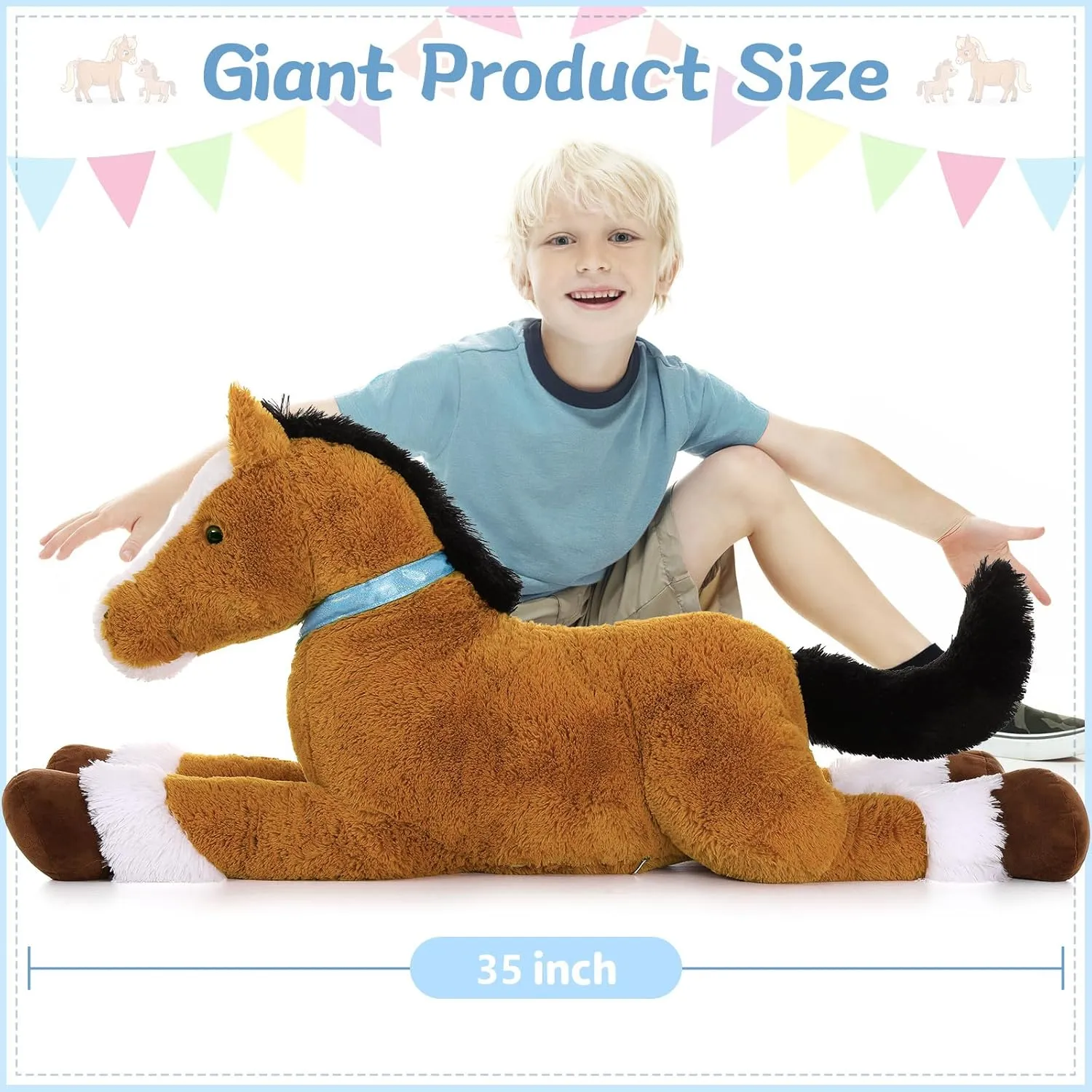 Tezituor 35 Inches Large Stuffed Horse Animal, Realistic Pony Plush Toys, Hugging Soft Brown Horse Pillow Gift for Kids Girlfriend