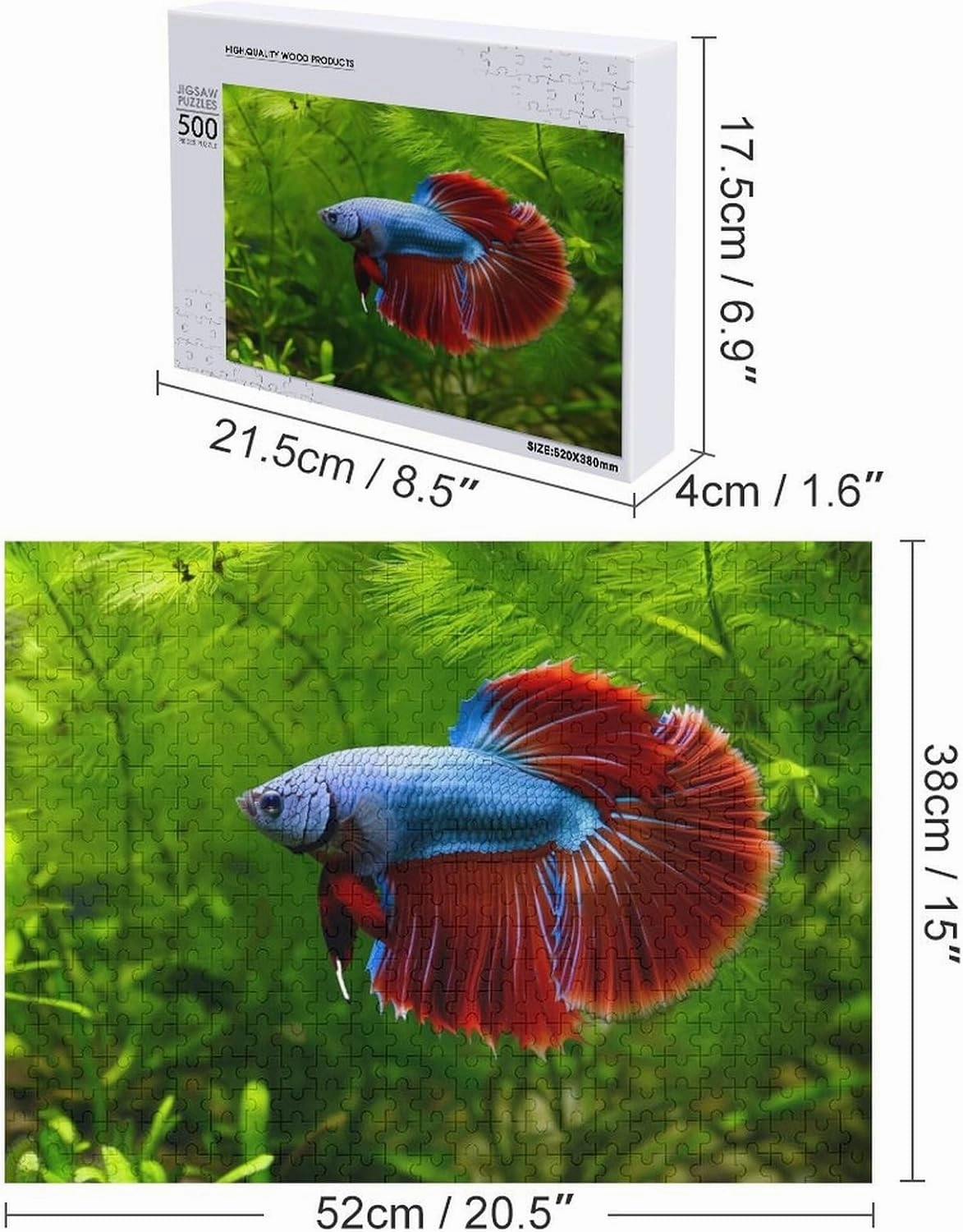 The Blue and Red Siamese Betta Fish Puzzle 500 Piece – Wooden Jigsaw Puzzles for Adults Featuring Vibrant Fish Colors，Tropical Aquarium Scene，Gift for Fish and Betta Enthusiasts