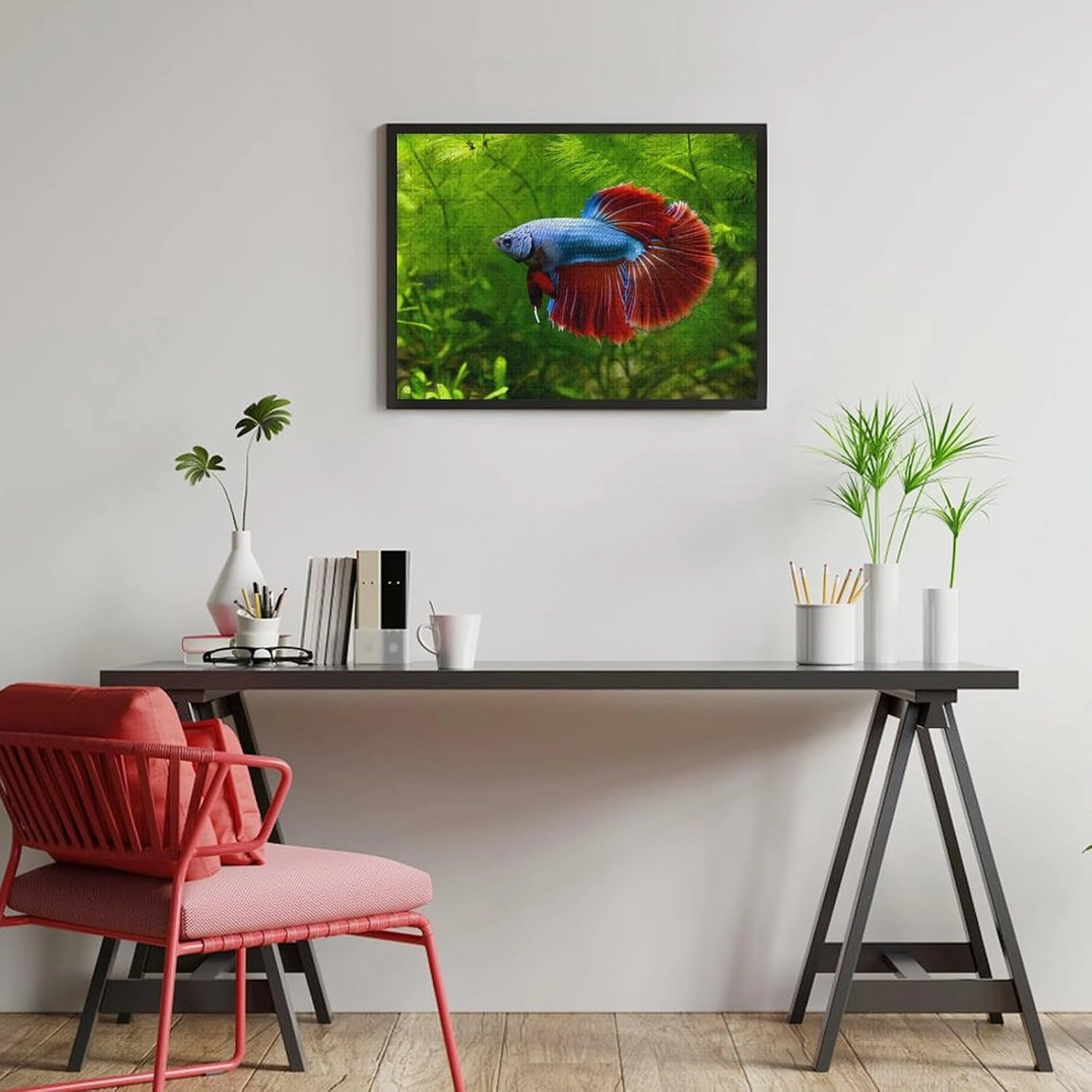 The Blue and Red Siamese Betta Fish Puzzle 500 Piece – Wooden Jigsaw Puzzles for Adults Featuring Vibrant Fish Colors，Tropical Aquarium Scene，Gift for Fish and Betta Enthusiasts