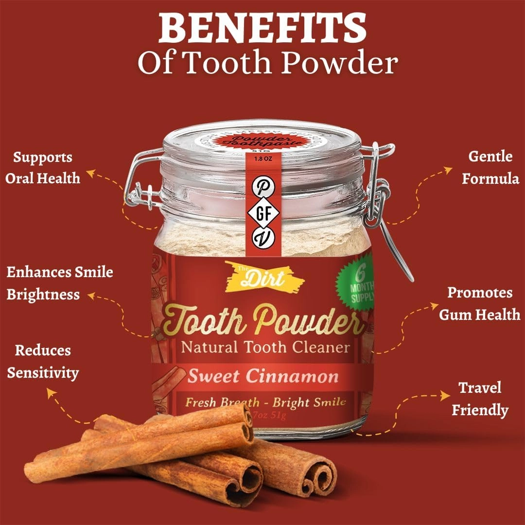 The Dirt - Remineralizing Tooth Powder, Natural Fluoride-Free Teeth Whitening Powder with Hydroxyapatite, Flouride & Gluten Free, Organic Vegan (Sweet Cinnamon, 51g: 6 Month Supply)