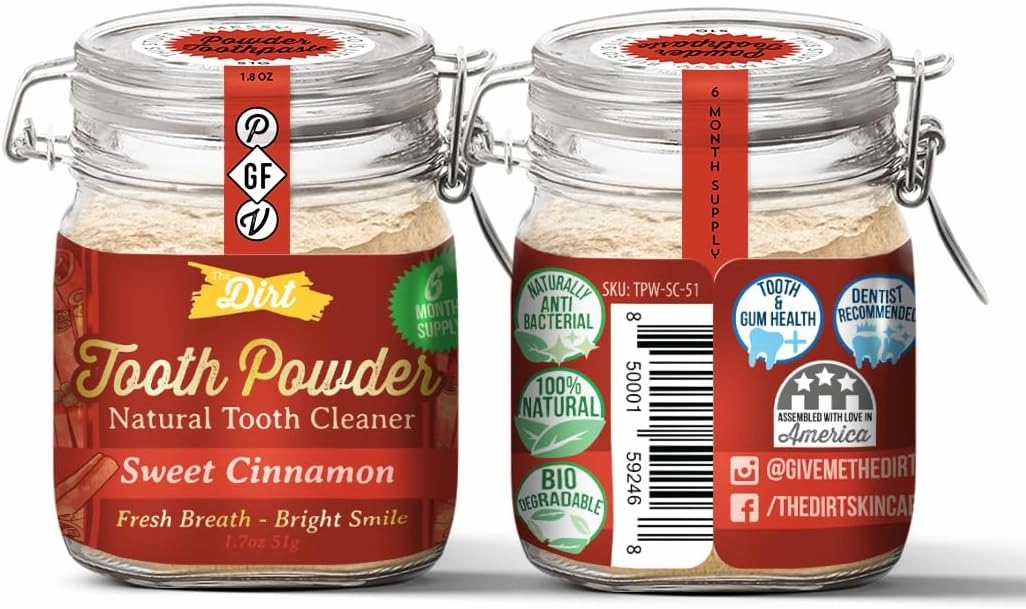 The Dirt - Remineralizing Tooth Powder, Natural Fluoride-Free Teeth Whitening Powder with Hydroxyapatite, Flouride & Gluten Free, Organic Vegan (Sweet Cinnamon, 51g: 6 Month Supply)