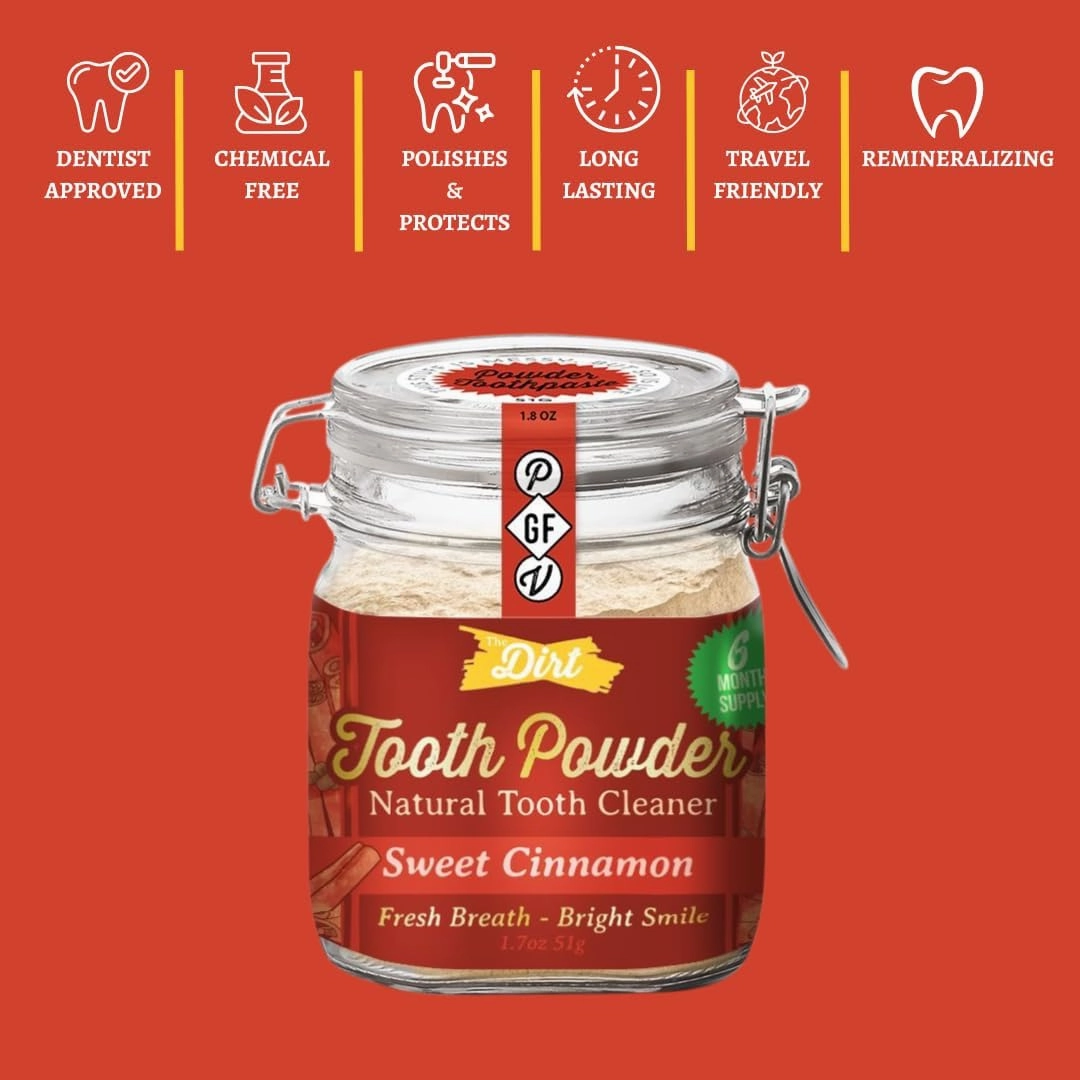 The Dirt - Remineralizing Tooth Powder, Natural Fluoride-Free Teeth Whitening Powder with Hydroxyapatite, Flouride & Gluten Free, Organic Vegan (Sweet Cinnamon, 51g: 6 Month Supply)