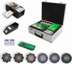 THUNDERBAY 14 Gram 300 PCS Texas Hold 'em Casino Poker Chip Set w/Aluminum Carrying Case, 3 Decks of Cards, 5 Dices & 3 Dealer Buttons, Poker Felt, Card Shuffler, Card Shoe for Blackjack Playing