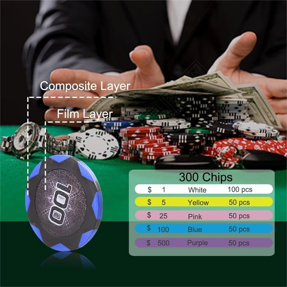 THUNDERBAY 14 Gram 300 PCS Texas Hold 'em Casino Poker Chip Set w/Aluminum Carrying Case, 3 Decks of Cards, 5 Dices & 3 Dealer Buttons, Poker Felt, Card Shuffler, Card Shoe for Blackjack Playing