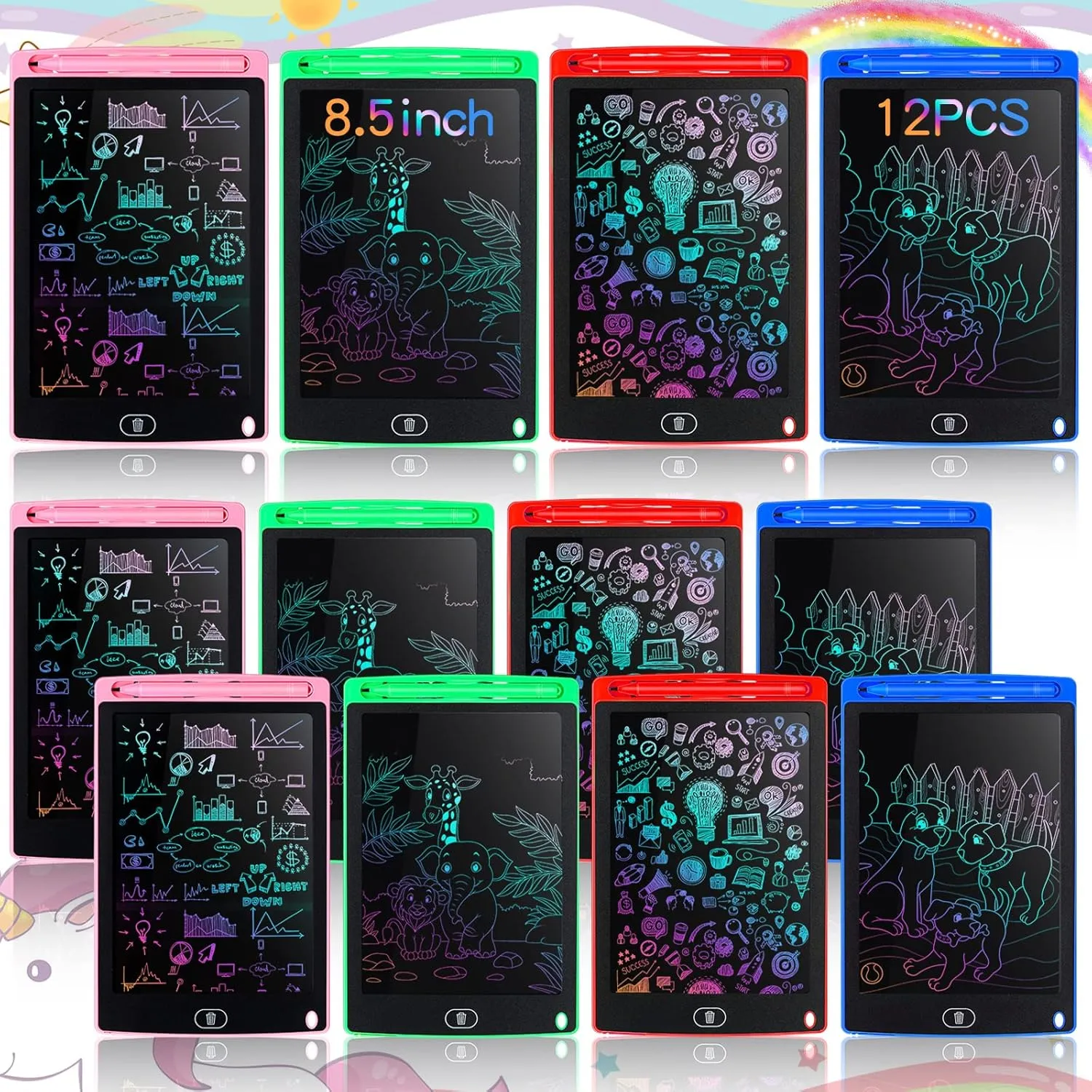 Tinlade 12 Pack LCD Writing Tablets 8.5 Inch Bulk Colorful Doodle Board Board Erasable Electronic Painting Drawing Pads Learning Toy Gifts for Kids Boys Girls(Pink, Green, Red, Blue)