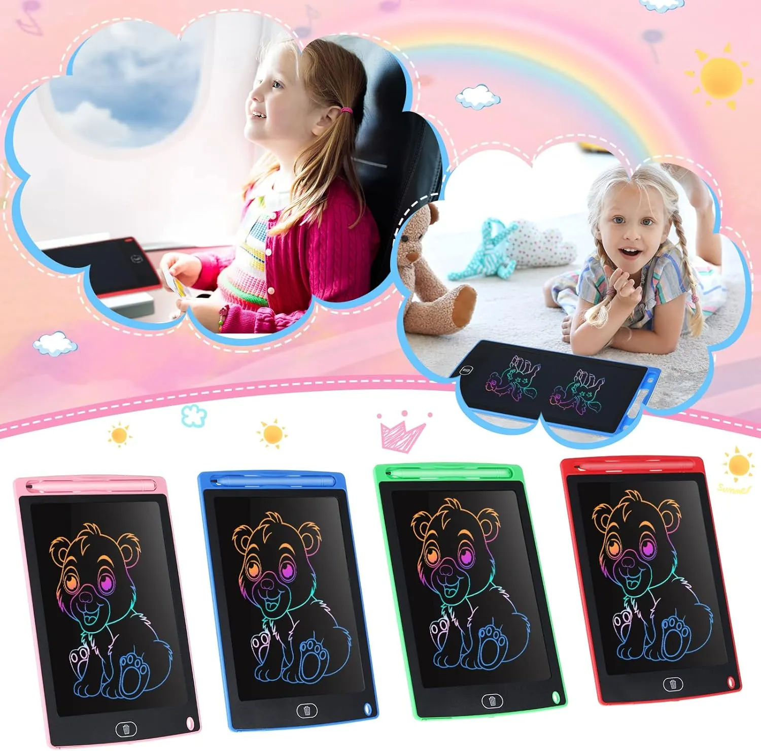 Tinlade 12 Pack LCD Writing Tablets 8.5 Inch Bulk Colorful Doodle Board Board Erasable Electronic Painting Drawing Pads Learning Toy Gifts for Kids Boys Girls(Pink, Green, Red, Blue)