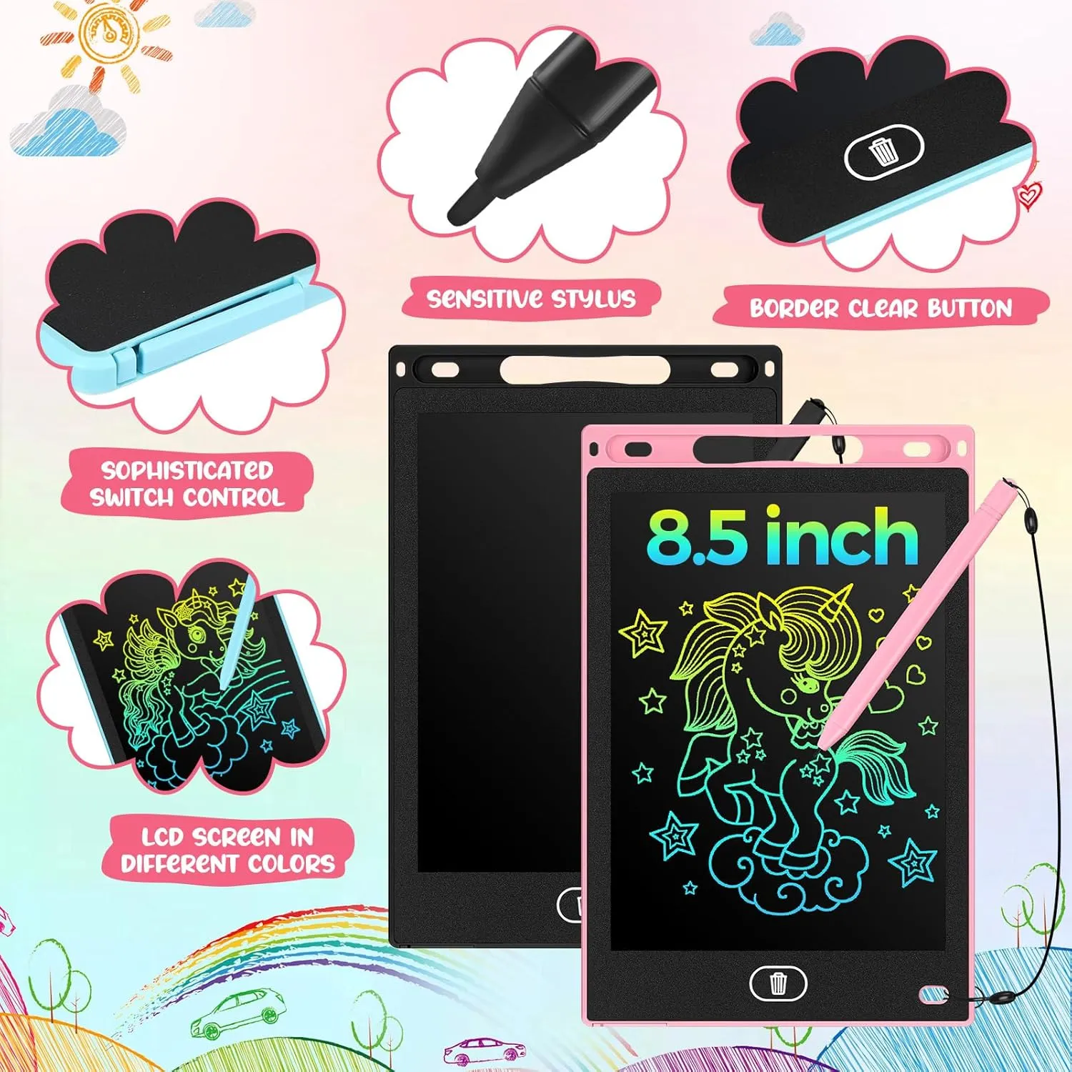 Tinlade 12 Pack LCD Writing Tablets 8.5 Inch Bulk Colorful Doodle Board Board Erasable Electronic Painting Drawing Pads Learning Toy Gifts for Kids Boys Girls(Pink, Light Blue, White, Black)