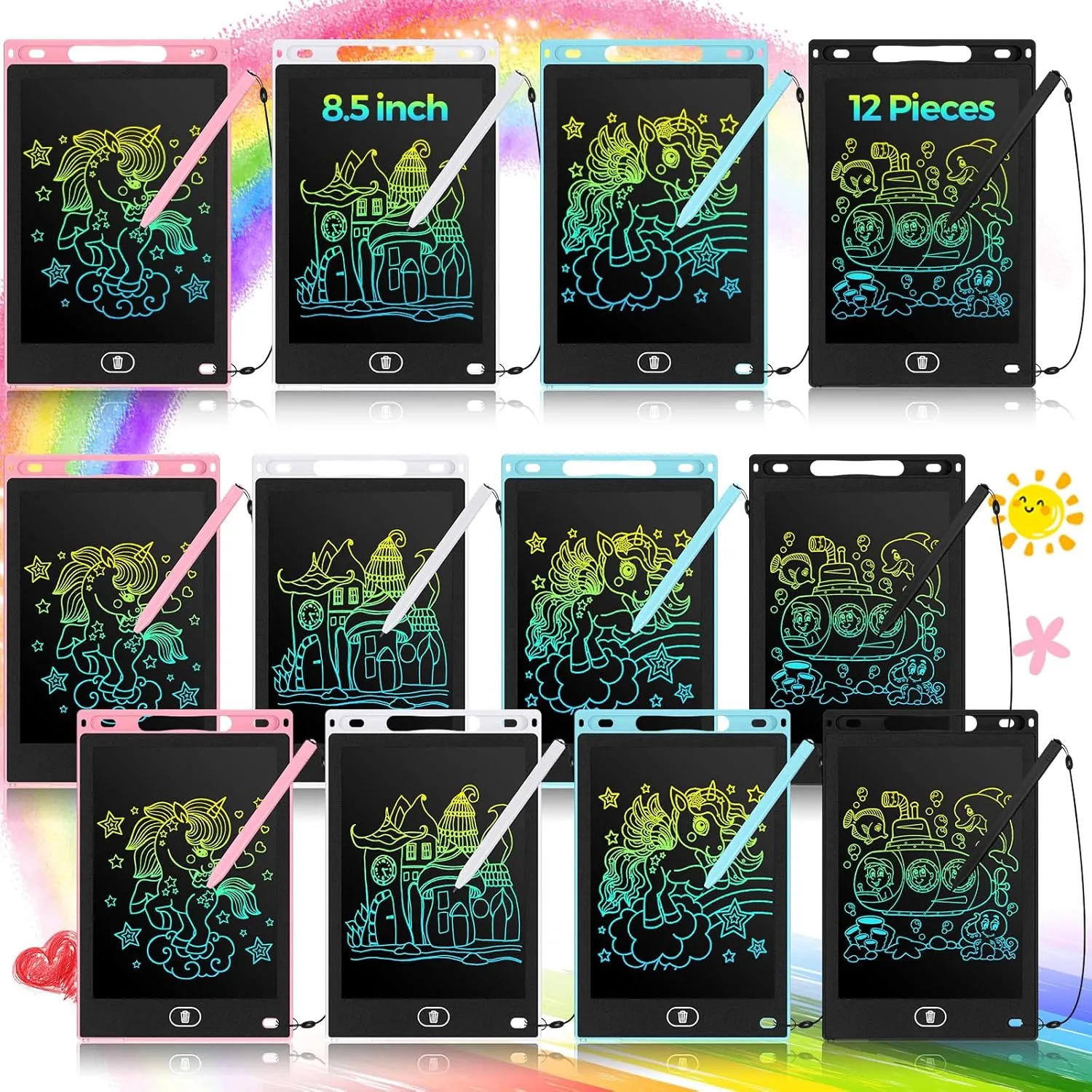 Tinlade 12 Pack LCD Writing Tablets 8.5 Inch Bulk Colorful Doodle Board Board Erasable Electronic Painting Drawing Pads Learning Toy Gifts for Kids Boys Girls(Pink, Light Blue, White, Black)