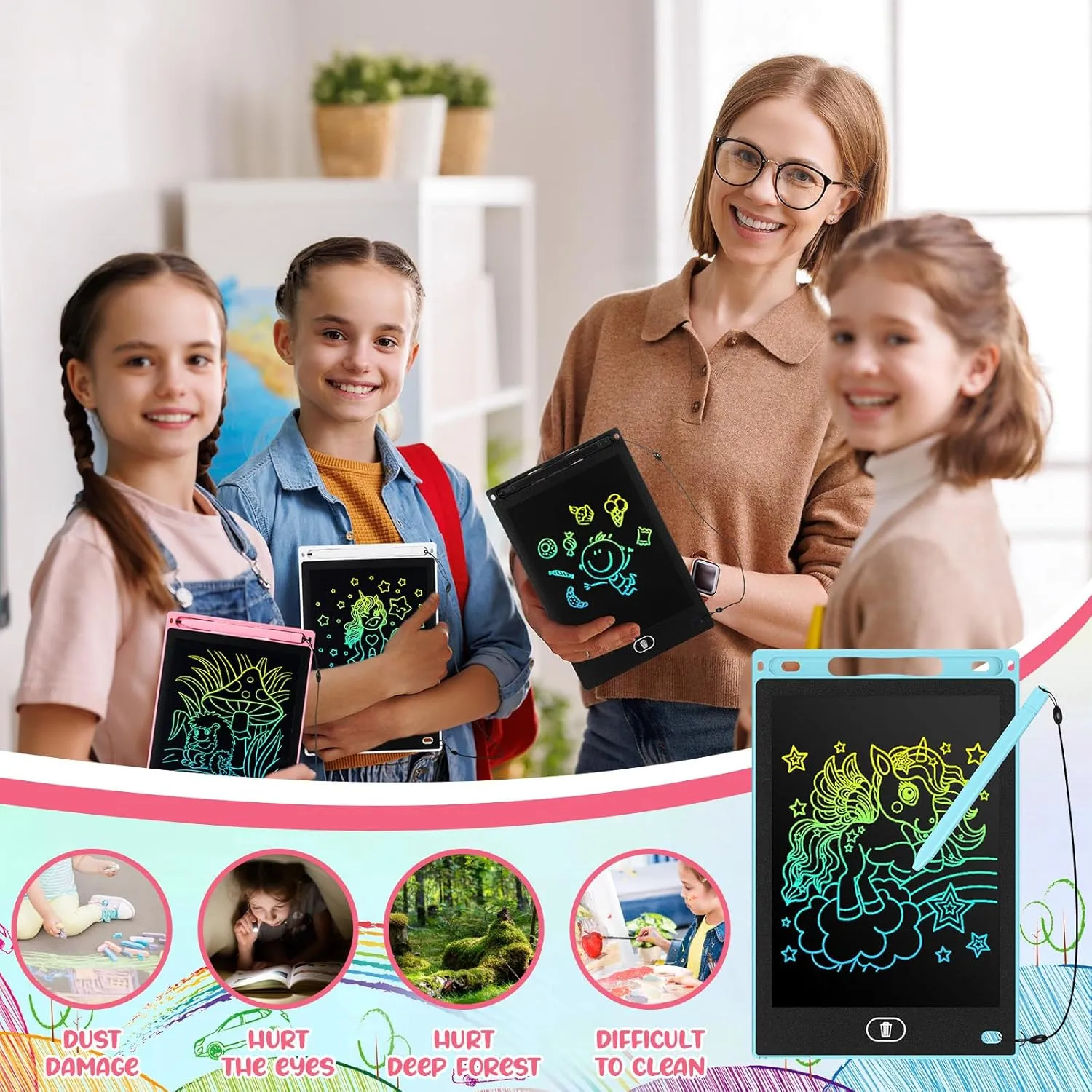 Tinlade 12 Pack LCD Writing Tablets 8.5 Inch Bulk Colorful Doodle Board Board Erasable Electronic Painting Drawing Pads Learning Toy Gifts for Kids Boys Girls(Pink, Light Blue, White, Black)