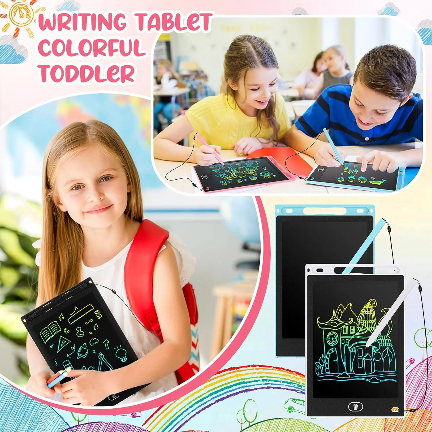 Tinlade 12 Pack LCD Writing Tablets 8.5 Inch Bulk Colorful Doodle Board Board Erasable Electronic Painting Drawing Pads Learning Toy Gifts for Kids Boys Girls(Pink, Light Blue, White, Black)