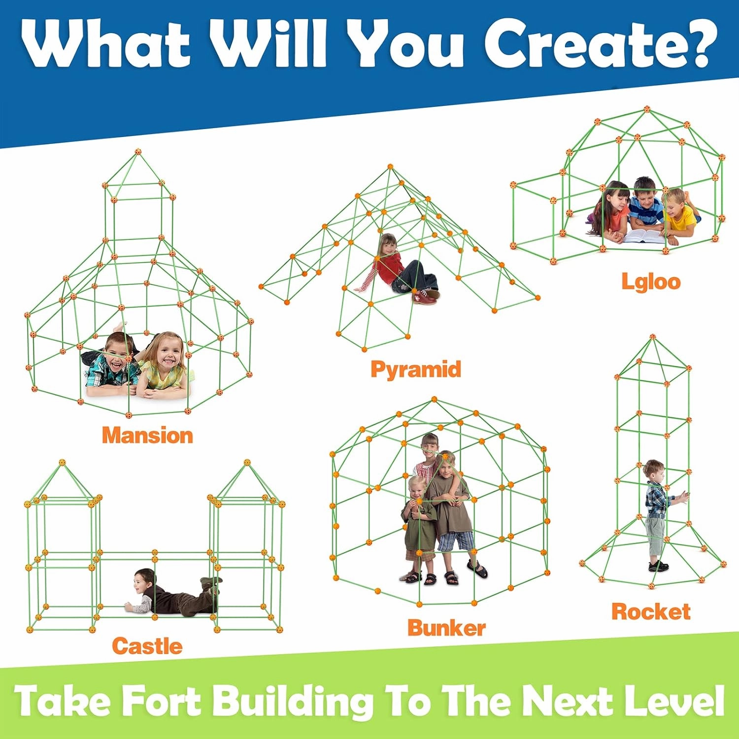 Tiny Land Kids-Fort-Building-Kit-80 Pieces-Creative Fort Toy for 5,6,7,8 Years Old Boy & Girls-STEM Building Toys DIY Castles Tunnels Play Tent Rocket Tower Indoor & Outdoor Playhouse