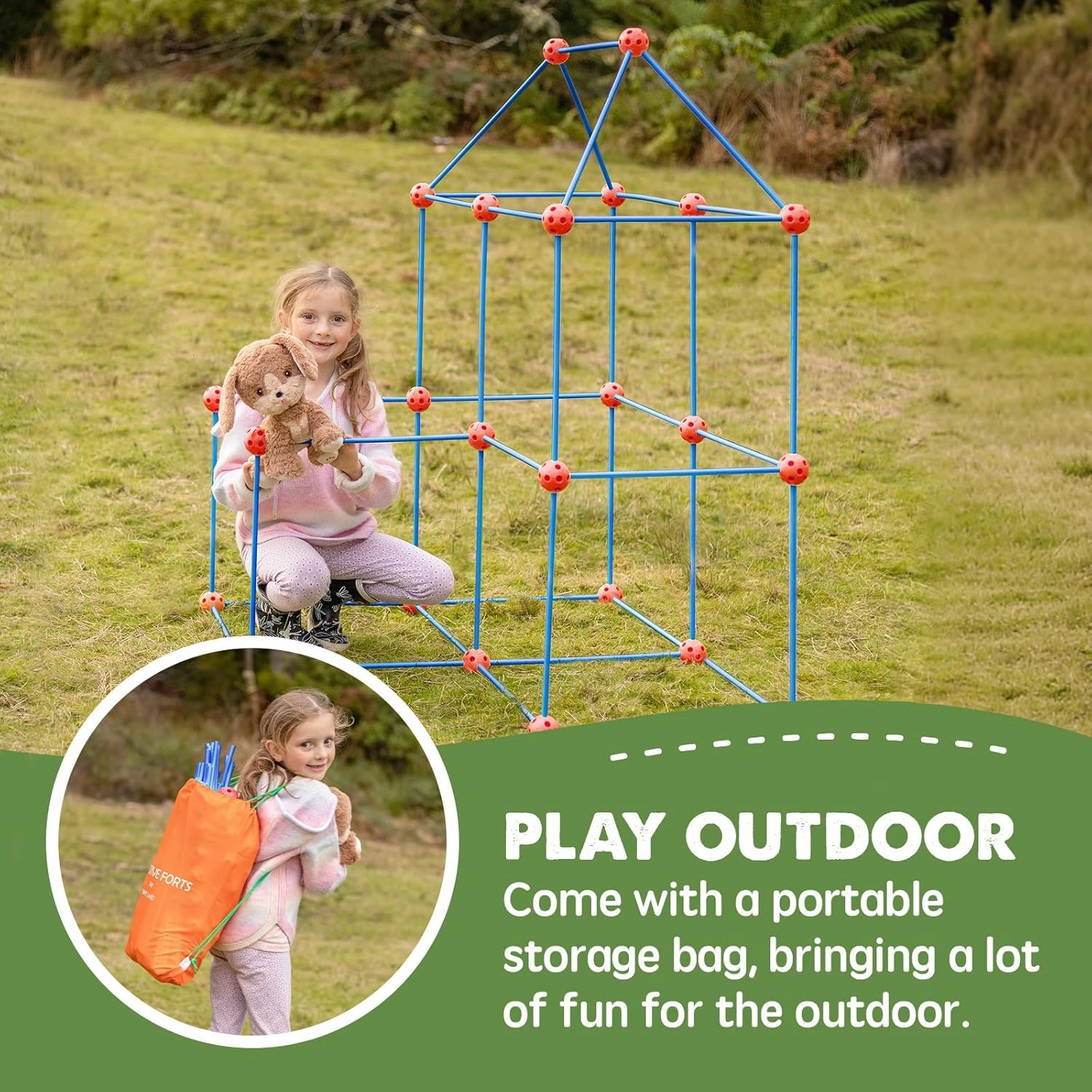 Tiny Land Kids-Fort-Building-Kit-80 Pieces-Creative Fort Toy for 5,6,7,8 Years Old Boy & Girls-STEM Building Toys DIY Castles Tunnels Play Tent Rocket Tower Indoor & Outdoor Playhouse