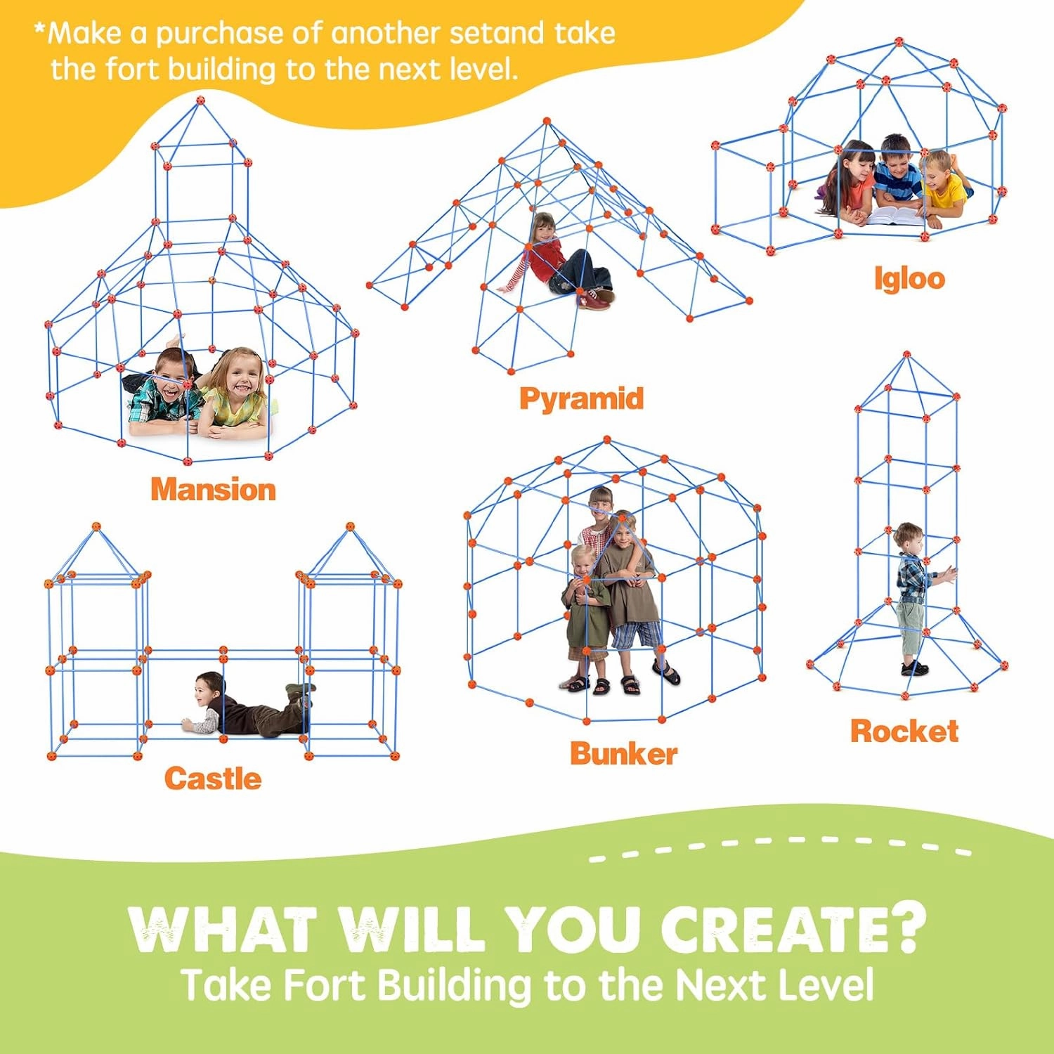 Tiny Land Kids-Fort-Building-Kit-80 Pieces-Creative Fort Toy for 5,6,7,8 Years Old Boy & Girls-STEM Building Toys DIY Castles Tunnels Play Tent Rocket Tower Indoor & Outdoor Playhouse