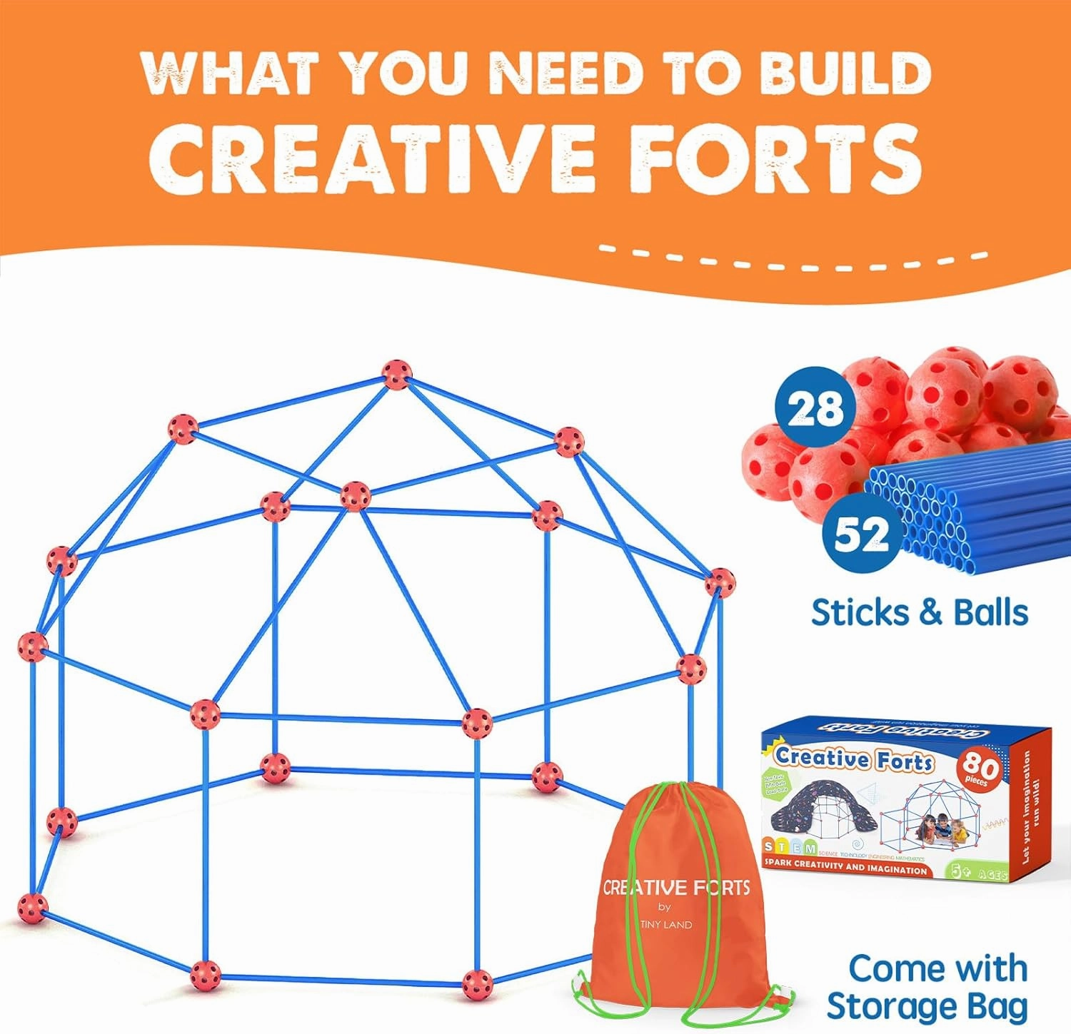 Tiny Land Kids-Fort-Building-Kit-80 Pieces-Creative Fort Toy for 5,6,7,8 Years Old Boy & Girls-STEM Building Toys DIY Castles Tunnels Play Tent Rocket Tower Indoor & Outdoor Playhouse