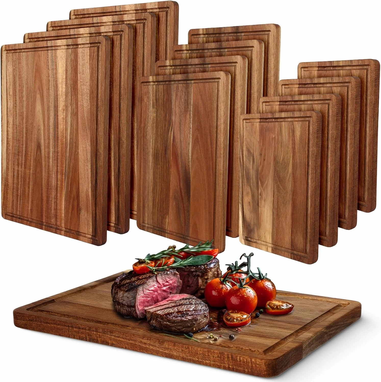 Tioncy 12 Pcs Wood Cutting Board Set Wooden Charcuterie Board for Kitchen Butcher Block Tray Serving Board for Meat Cheese Fruit Housewarming Gift, 16x12, 14x10, 11x8 Inch(Acacia)