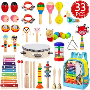 Toddler Musical Instruments, 33 PCS 19 Types Wooden Percussion Instruments Toys