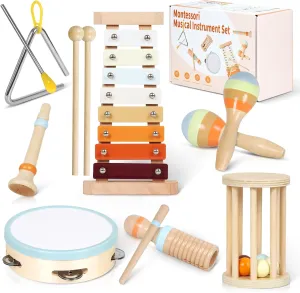 Toddler Musical Instruments - Montessori Toys for Kids, Baby Learning Toys, Wooden Percussion Set With Xylophone, Clarinet, Triangle, Tambourine - Gift for Baby