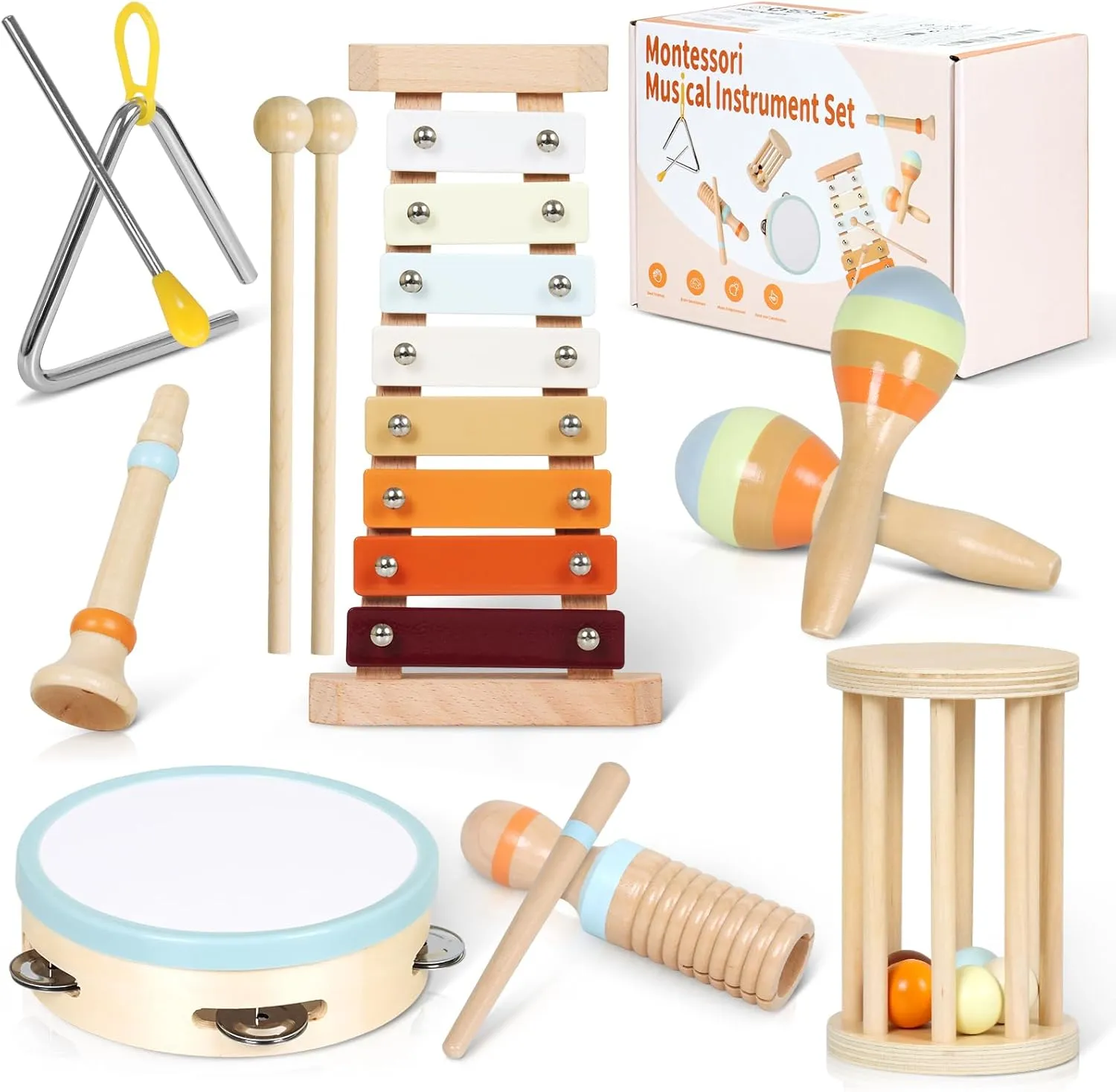 Toddler Musical Instruments - Montessori Toys for Kids, Baby Learning Toys, Wooden Percussion Set With Xylophone, Clarinet, Triangle, Tambourine - Gift for Baby