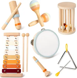 Toddler Musical Instruments Set - Montessori Wooden Toys Preschool Educational Percussion Music Toys Boho Xylophone Birthday Gifts for Kids Baby Boys and Girls