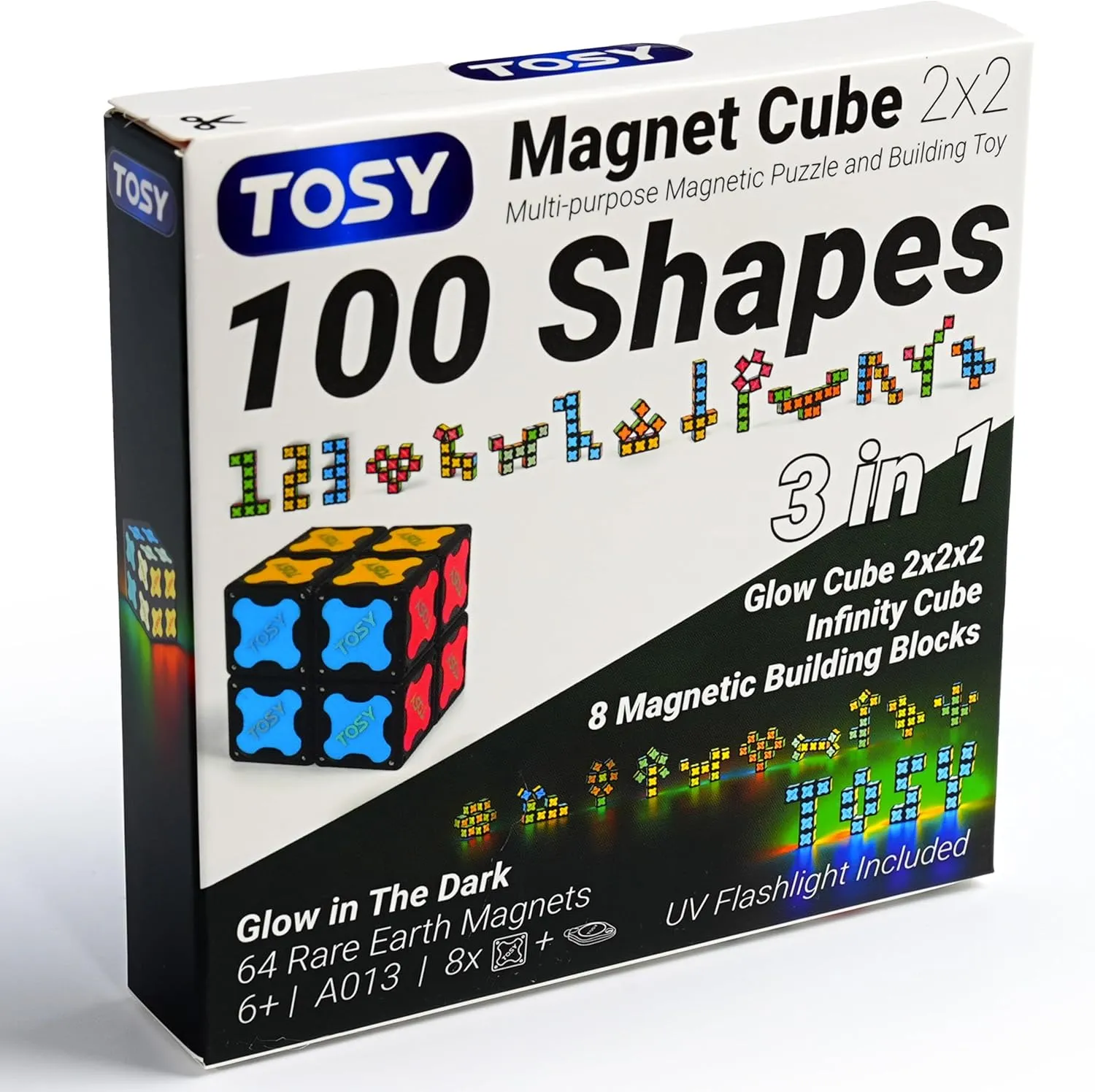 TOSY Magnet Cube 2x2 - 8 Blocks, 2 in 1 Toy: 2x2x2 Puzzle Cube and Customizable Infinity Cube, Glowing, UV Flashlight Accessory, Fidget/Sensory/STEAM Magnet Tiles Toy