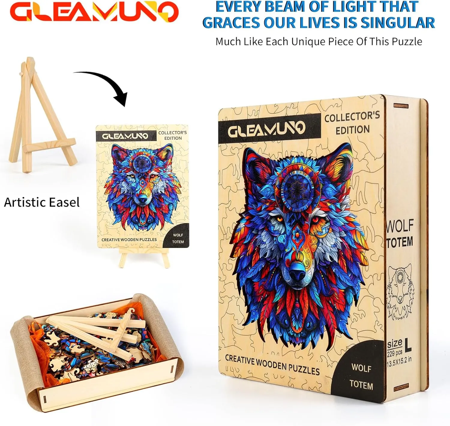 Totemic Wolf Wooden Puzzles for Adults – 229 Pcs, 13.5" x 15.2", Unique Shapes, Gift Packaging, Natural Materials, Puzzles up Wooden Jigsaw Puzzles for Adults, Gift Ideas, Family Games
