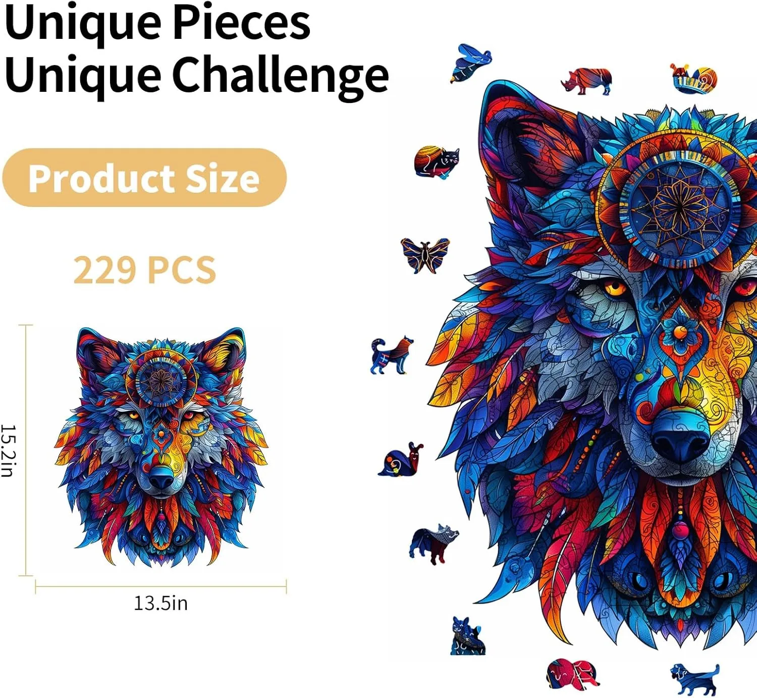 Totemic Wolf Wooden Puzzles for Adults – 229 Pcs, 13.5" x 15.2", Unique Shapes, Gift Packaging, Natural Materials, Puzzles up Wooden Jigsaw Puzzles for Adults, Gift Ideas, Family Games