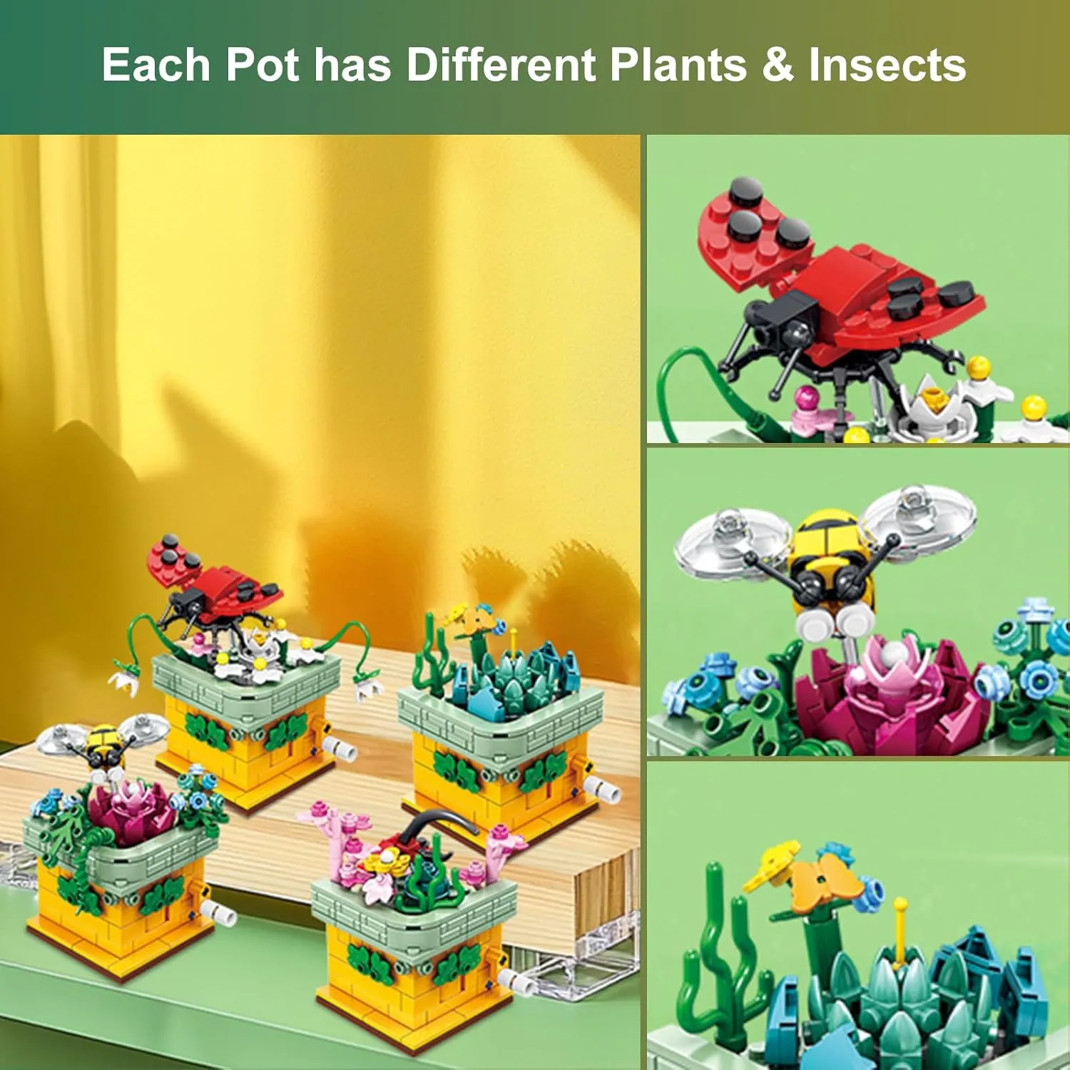 Toy Building Block, Insect Flowers Collection 4 in 1 Model Kit Bricks, Creative Insects Building Block Sets, Hobbies Christmas Birthday Gift for Nature Lovers Adult Kids Boys Girls 8 