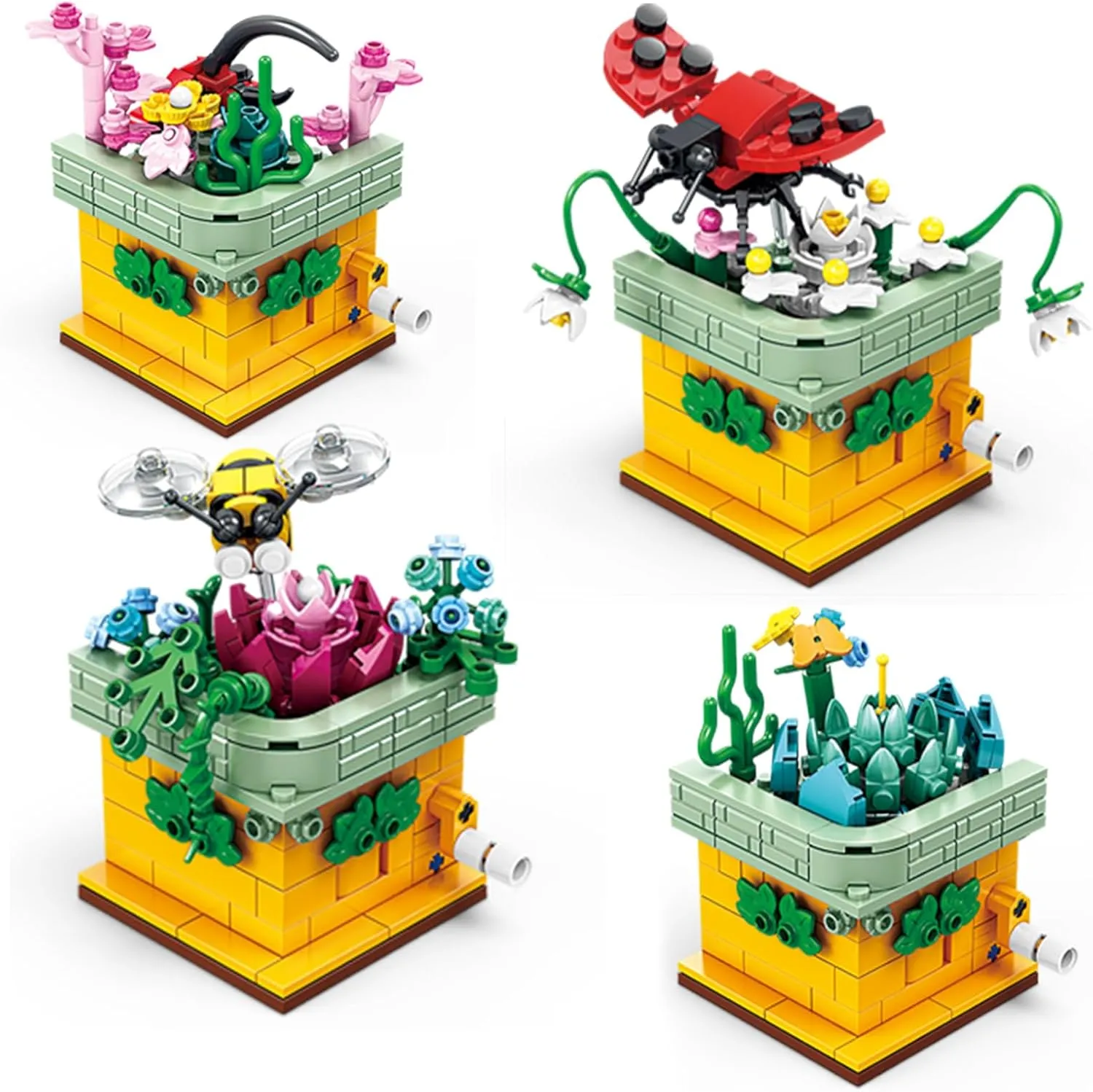 Toy Building Block, Insect Flowers Collection 4 in 1 Model Kit Bricks, Creative Insects Building Block Sets, Hobbies Christmas Birthday Gift for Nature Lovers Adult Kids Boys Girls 8 