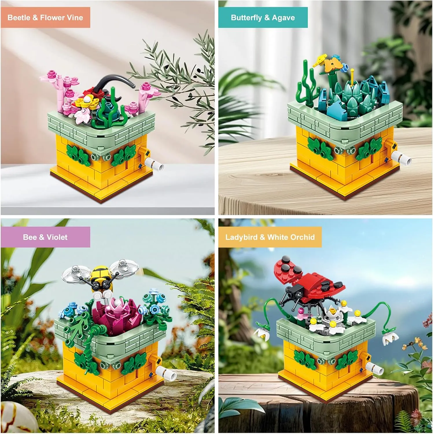 Toy Building Block, Insect Flowers Collection 4 in 1 Model Kit Bricks, Creative Insects Building Block Sets, Hobbies Christmas Birthday Gift for Nature Lovers Adult Kids Boys Girls 8 