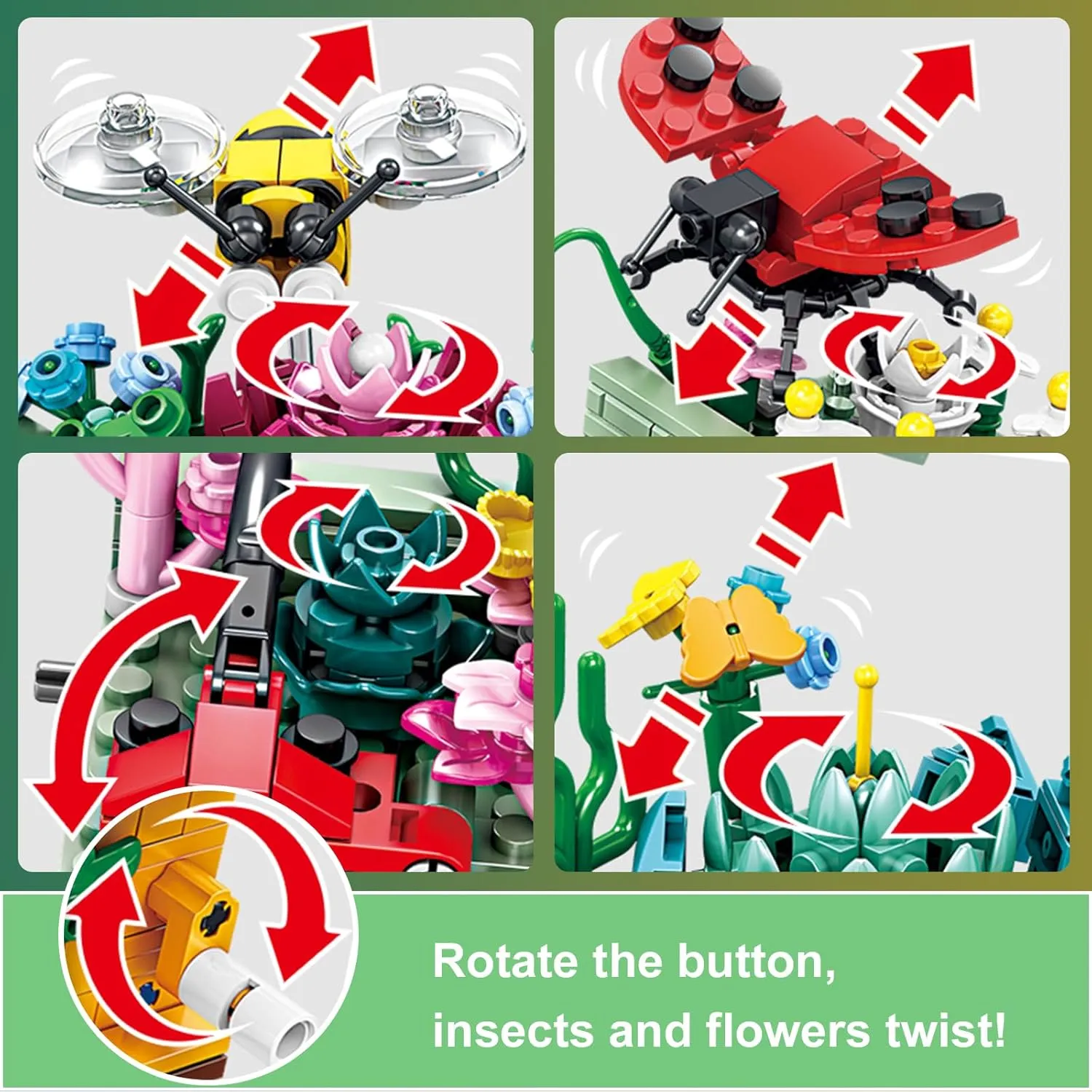 Toy Building Block, Insect Flowers Collection 4 in 1 Model Kit Bricks, Creative Insects Building Block Sets, Hobbies Christmas Birthday Gift for Nature Lovers Adult Kids Boys Girls 8 