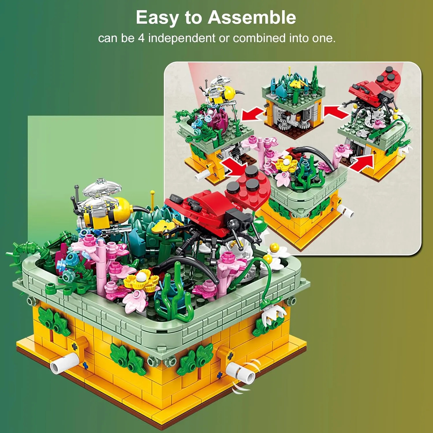 Toy Building Block, Insect Flowers Collection 4 in 1 Model Kit Bricks, Creative Insects Building Block Sets, Hobbies Christmas Birthday Gift for Nature Lovers Adult Kids Boys Girls 8 