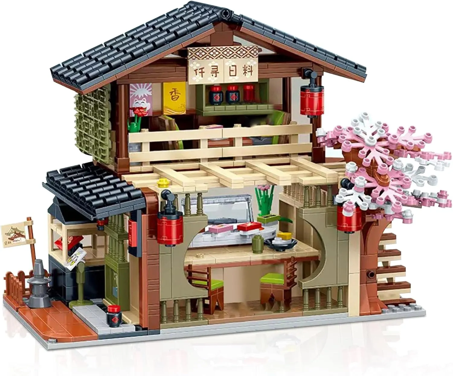 Toy Building Block, Japanese Sushi Shop Model Kit, Compatible with Regular Size Brick, Creative Construction, Shop House City View, Birthday Gift for Adult Children Kids Boys Girls 8  763 PCS