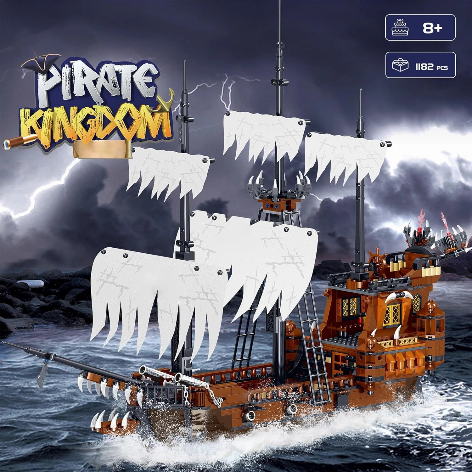 Toy Building Block Set, Pirate Ship Regular Size Brick Model Kit, Creative Ship Building Construction, Christmas Birthday Gift for Adult Teens Children Kids Boys Girls 8  1182pcs
