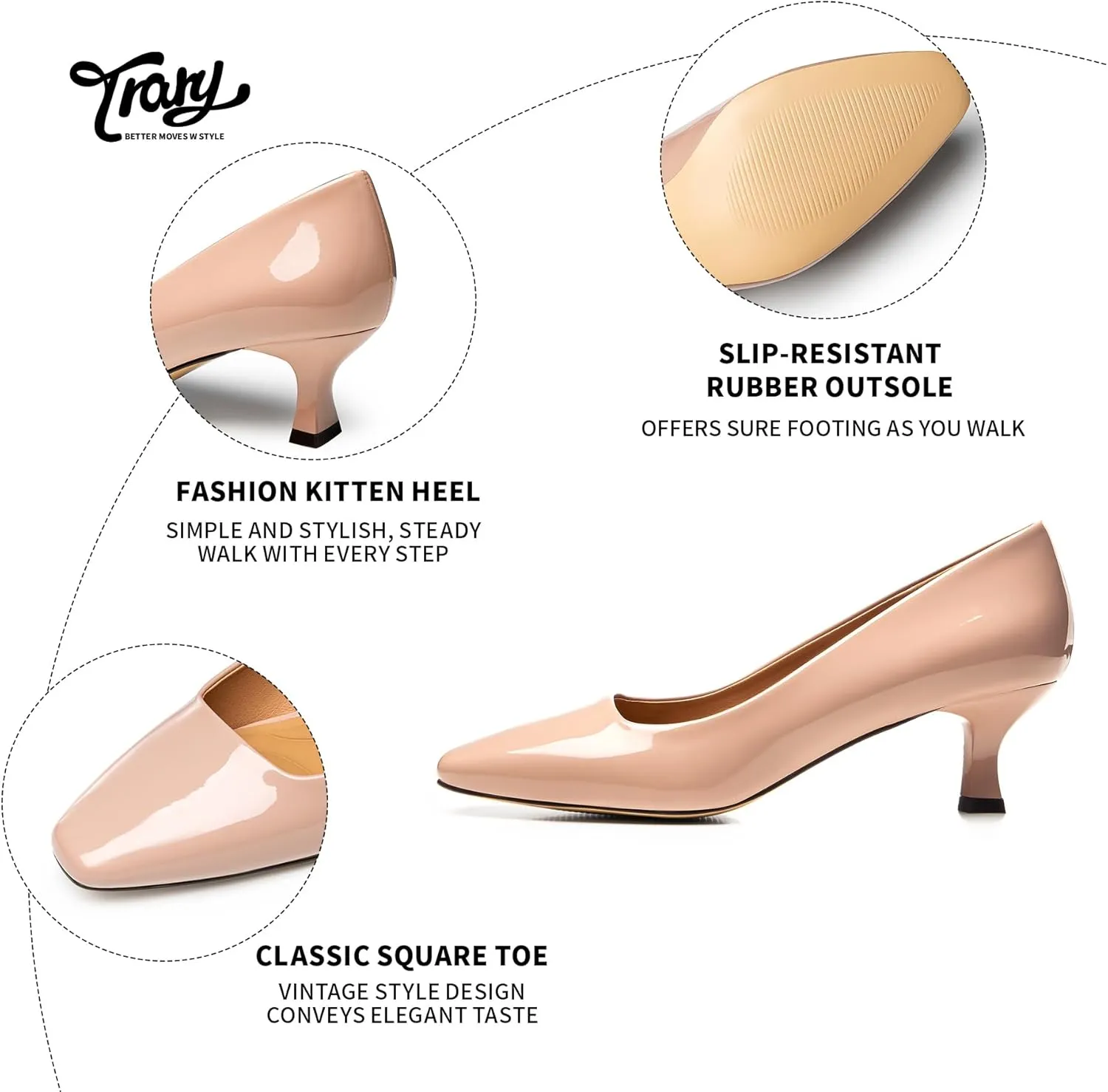 Trary Women's Kitten Heels Dress Pumps Classic Square Toe Shoes Casual Low Heels Closed Toe Pumps for Women Office