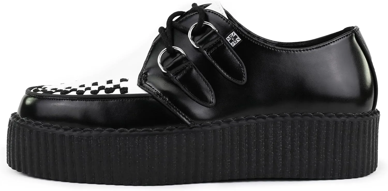 T.U.K. Black/White Leather Viva Mondo Creepers Shoes for Women and Men, Lace Up Platform Shoes | US Women 8 / Men 6