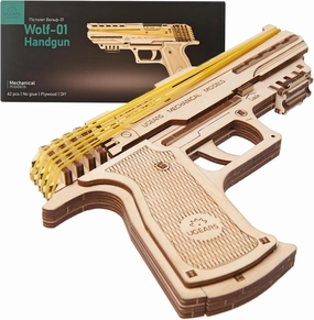 UGEARS Models 3-D Wooden Puzzle - Mechanical Wolf-01 Rubber Band Handgun