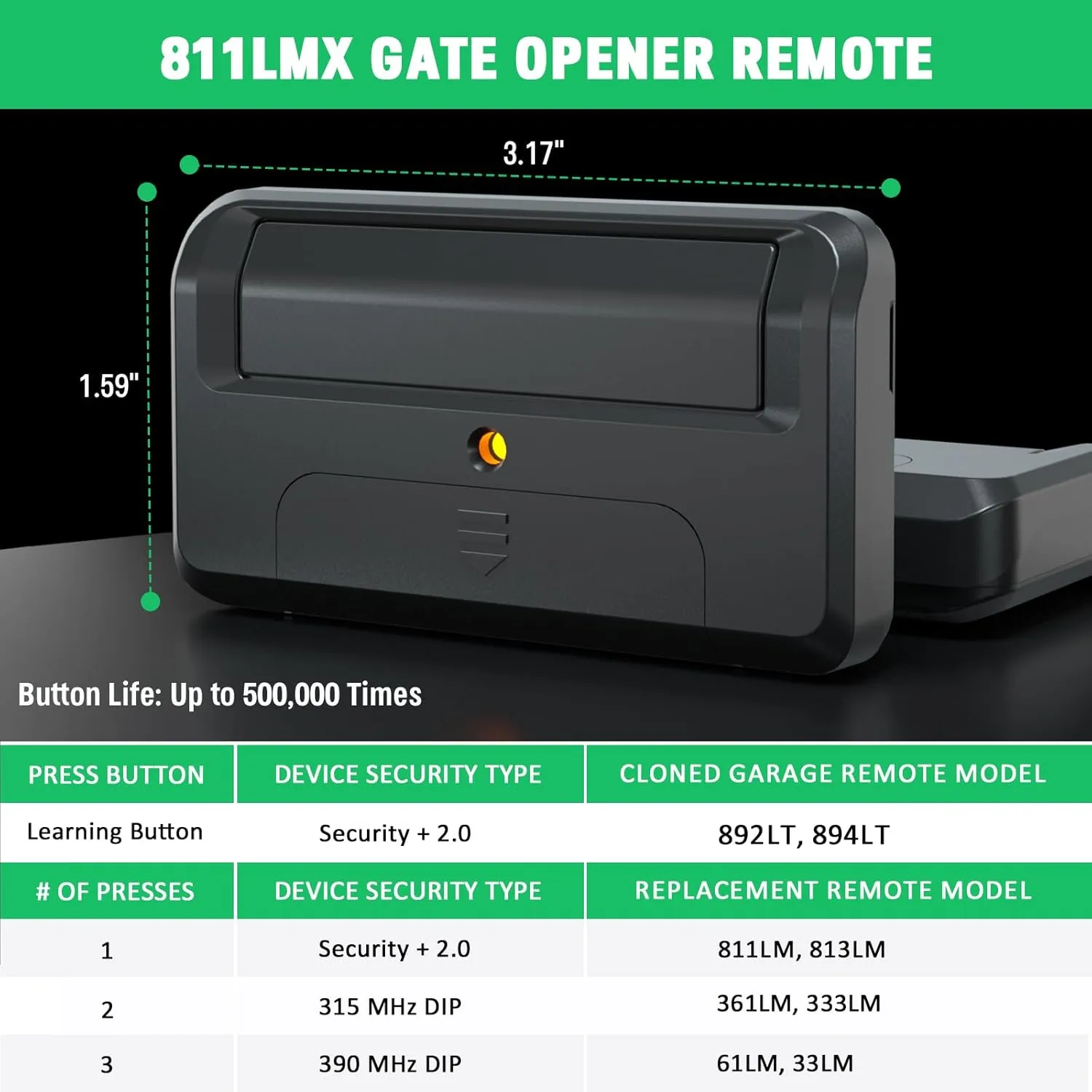 Upgrade 811LMX Gate Opener Remote Replacement for Liftmaster 811LMX / 811LM Remote Control, for Liftmaster 850LM/860LM/Star1000 Receiver, Gate opener Commercial Door, Security  2.0 12 Dip Switch 4Pack