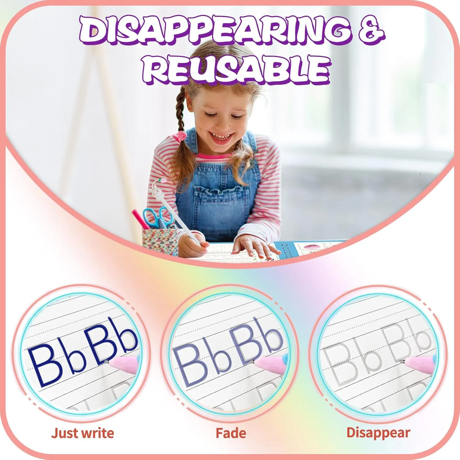 Upgraded Large Size Magic Practice Copybook for Kids, Reusable Writing Practice Book, Preschool Copybook (4 Books with Pens) - Pink Bag