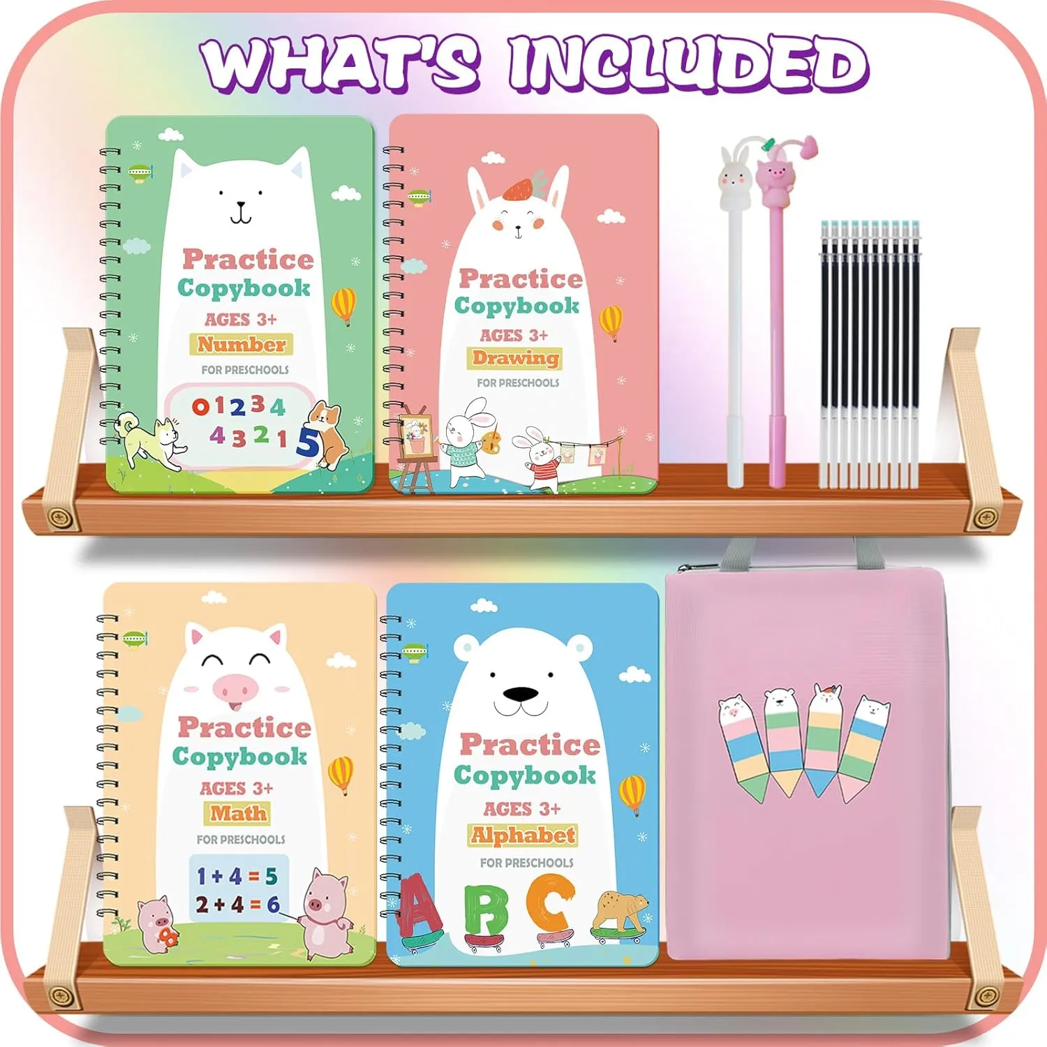 Upgraded Large Size Magic Practice Copybook for Kids, Reusable Writing Practice Book, Preschool Copybook (4 Books with Pens) - Pink Bag