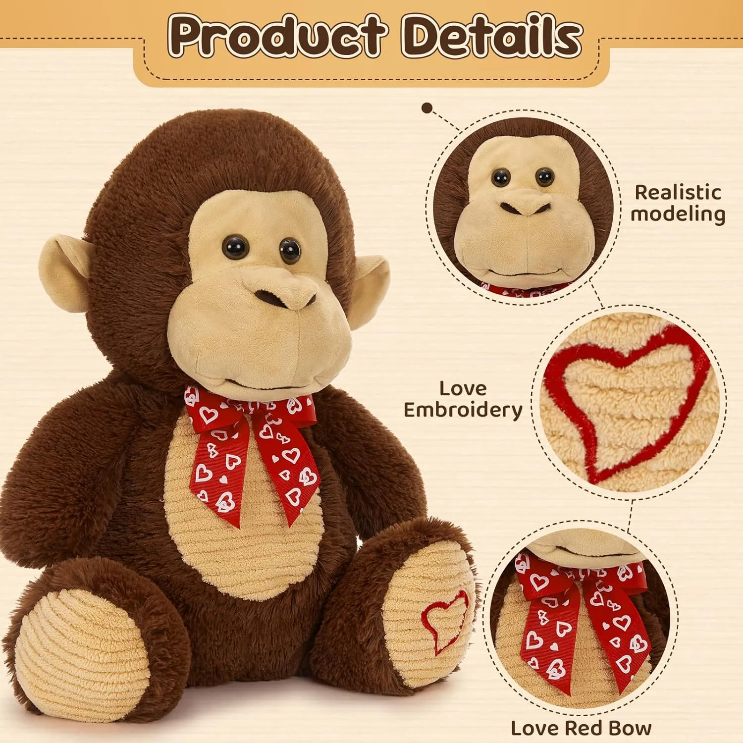 Valentine Monkey Stuffed Animal, Monkey Plush Toy with Red Heart Bow Tie and Embroidered Heart Footprints, 15" Soft Cuddly Stuffed Monkeys for Girls Boys Kids, Christmas Birthday Gift