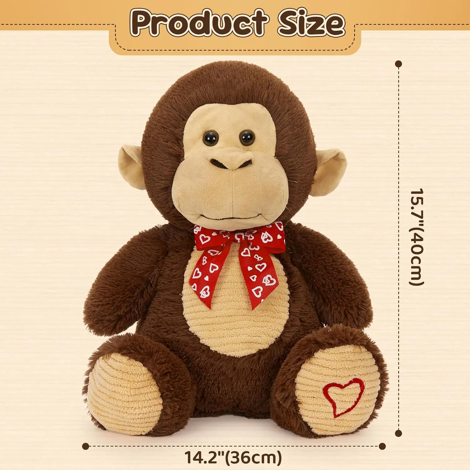 Valentine Monkey Stuffed Animal, Monkey Plush Toy with Red Heart Bow Tie and Embroidered Heart Footprints, 15" Soft Cuddly Stuffed Monkeys for Girls Boys Kids, Christmas Birthday Gift