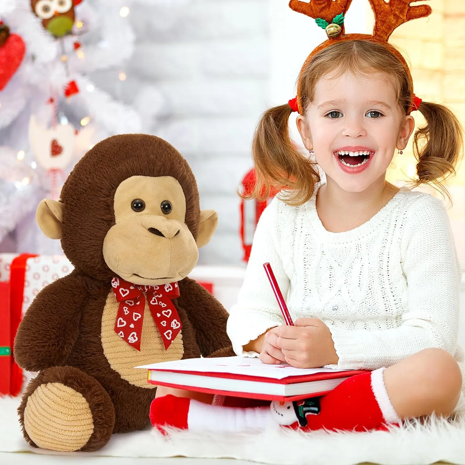 Valentine Monkey Stuffed Animal, Monkey Plush Toy with Red Heart Bow Tie and Embroidered Heart Footprints, 15" Soft Cuddly Stuffed Monkeys for Girls Boys Kids, Christmas Birthday Gift