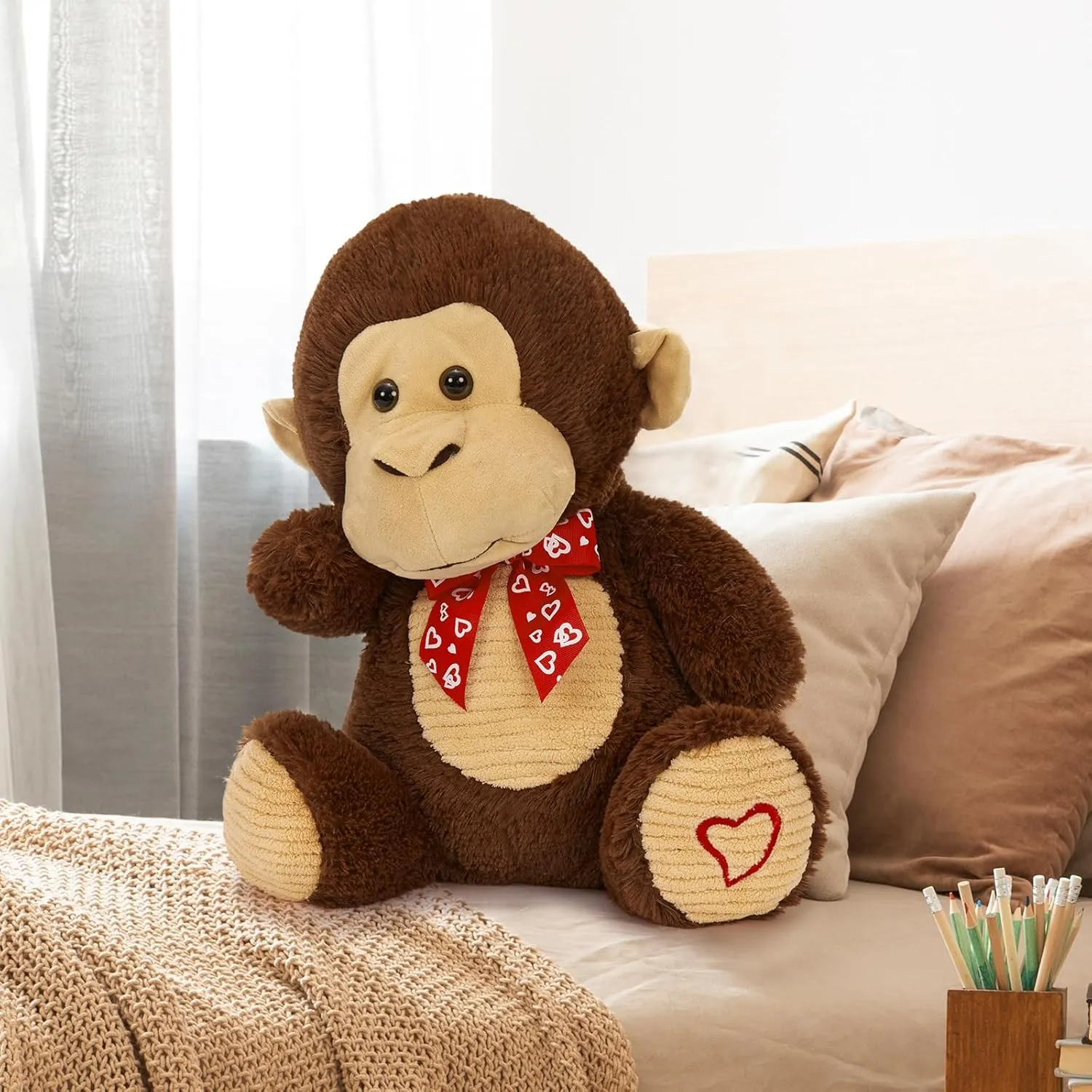 Valentine Monkey Stuffed Animal, Monkey Plush Toy with Red Heart Bow Tie and Embroidered Heart Footprints, 15" Soft Cuddly Stuffed Monkeys for Girls Boys Kids, Christmas Birthday Gift