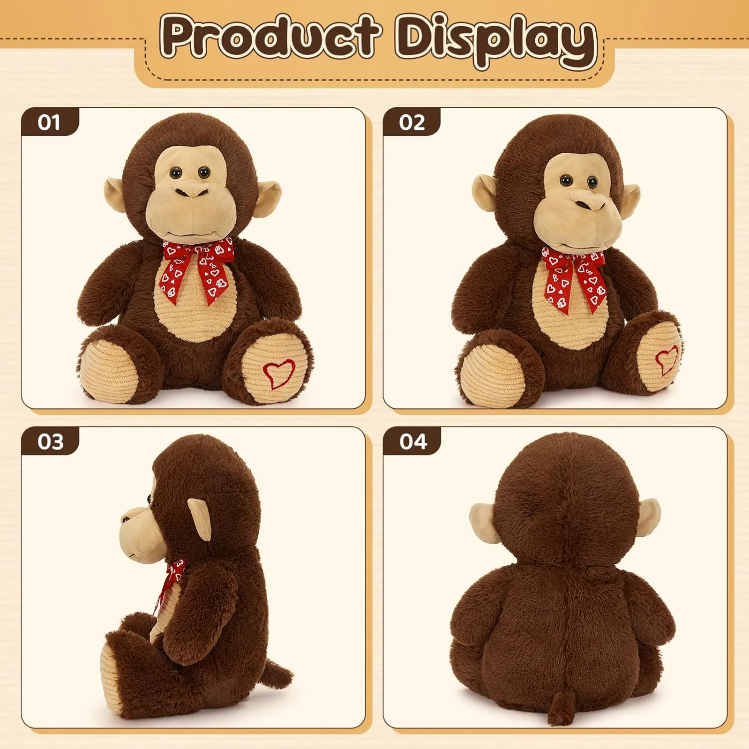 Valentine Monkey Stuffed Animal, Monkey Plush Toy with Red Heart Bow Tie and Embroidered Heart Footprints, 15" Soft Cuddly Stuffed Monkeys for Girls Boys Kids, Christmas Birthday Gift