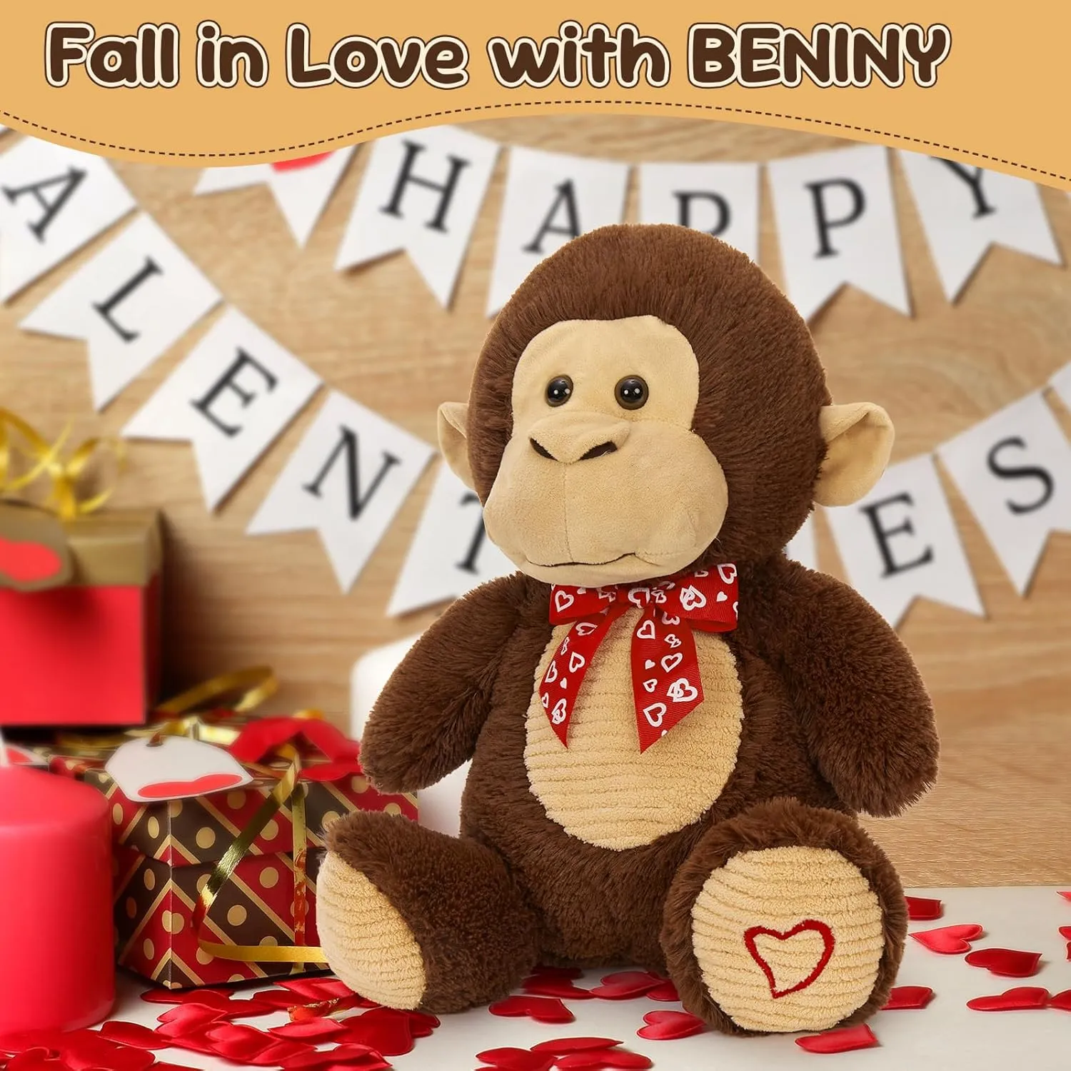 Valentine Monkey Stuffed Animal, Monkey Plush Toy with Red Heart Bow Tie and Embroidered Heart Footprints, 15" Soft Cuddly Stuffed Monkeys for Girls Boys Kids, Christmas Birthday Gift